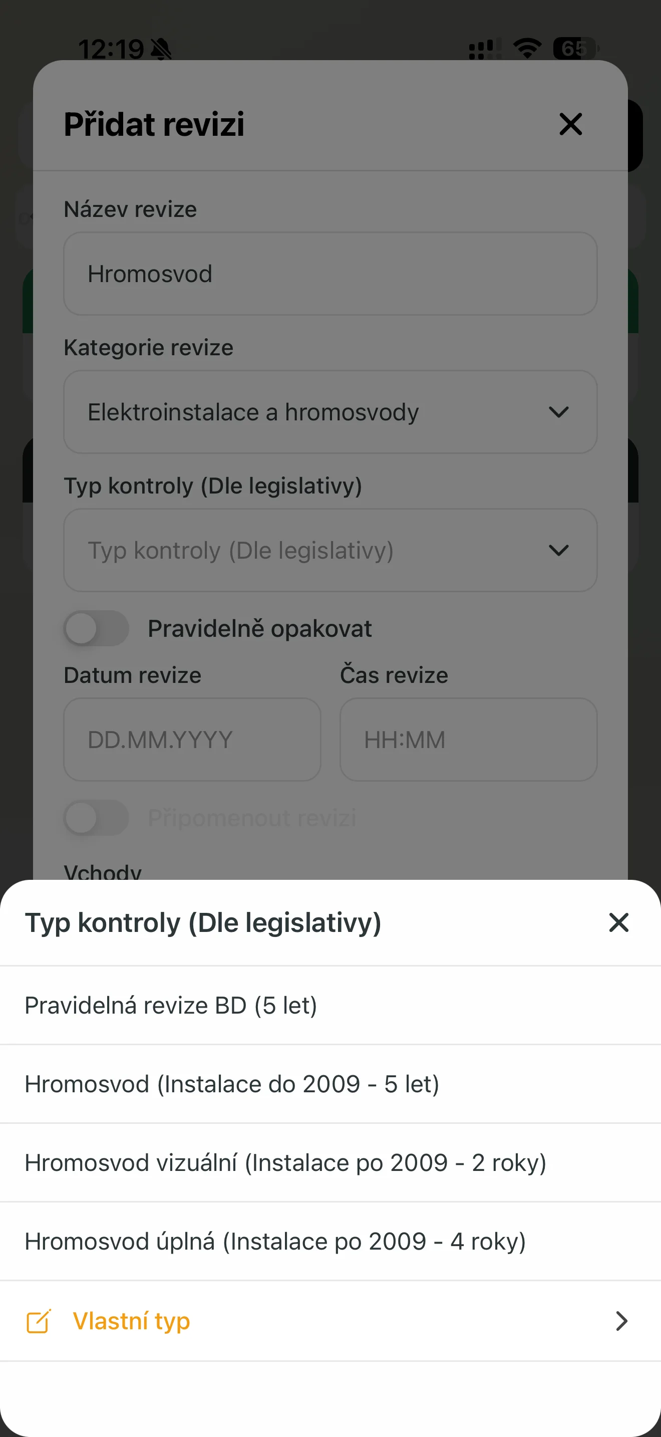 Výběr typu kontroly dle legislativy