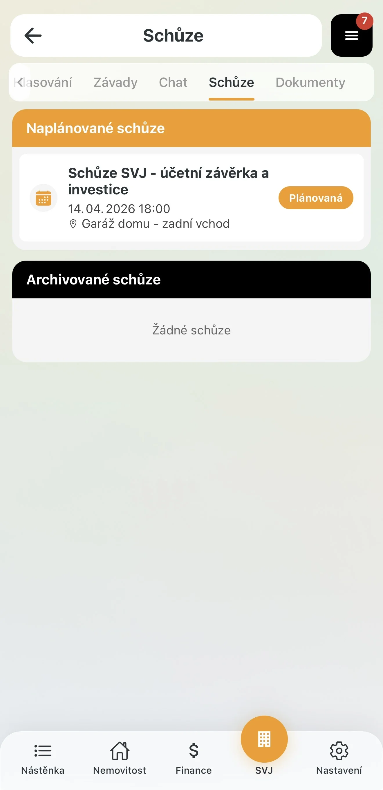 Záložka Schůze v modulu SVJ