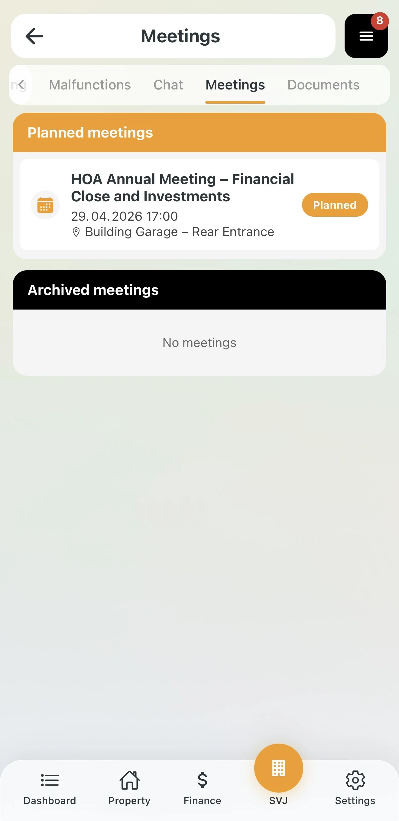 Meetings tab in the HOA module