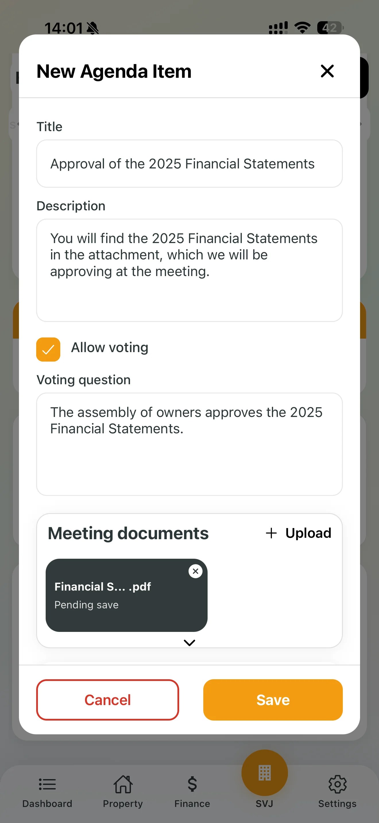 Form for adding an agenda item