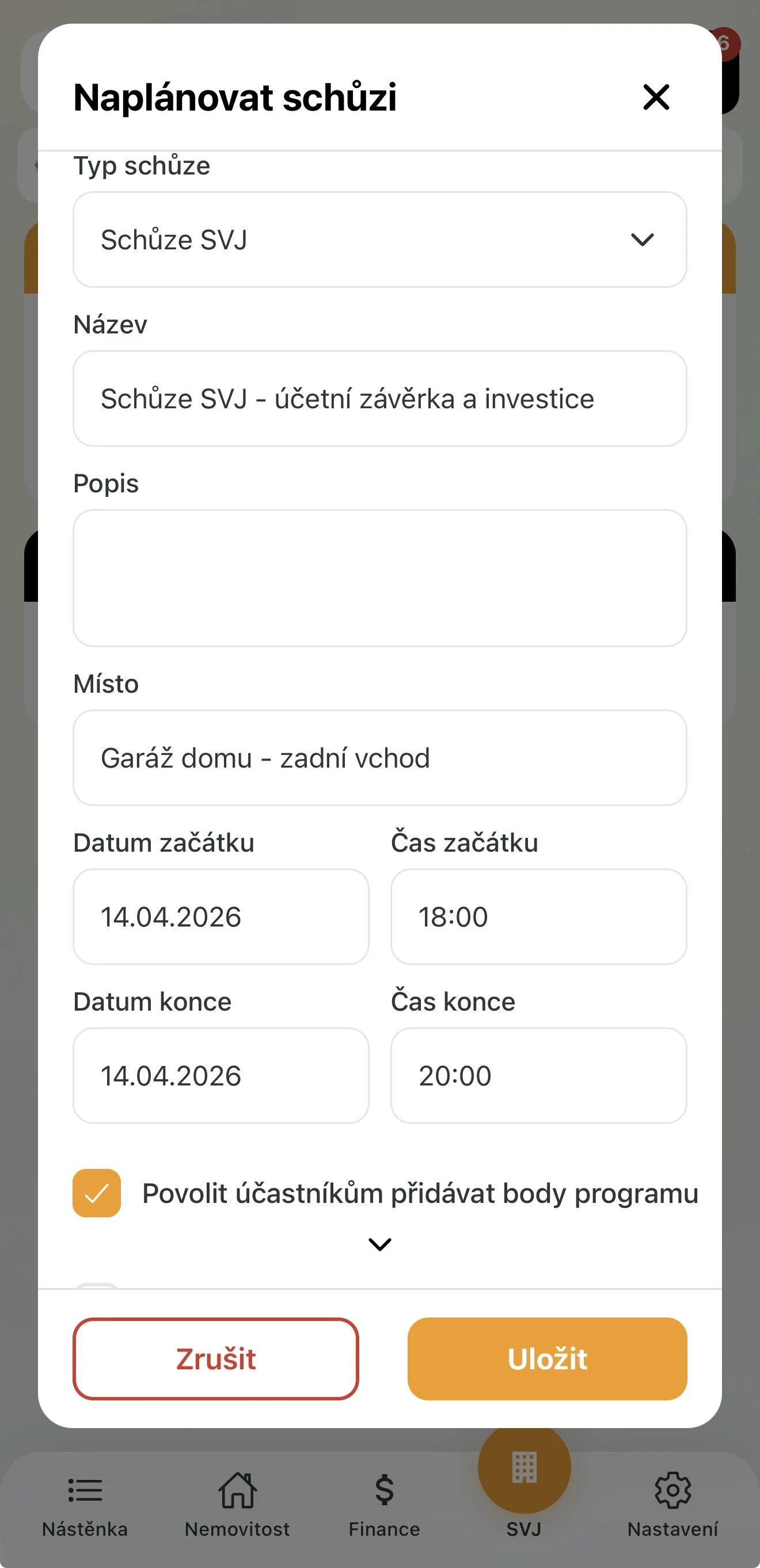 Formulář pro naplánování schůze