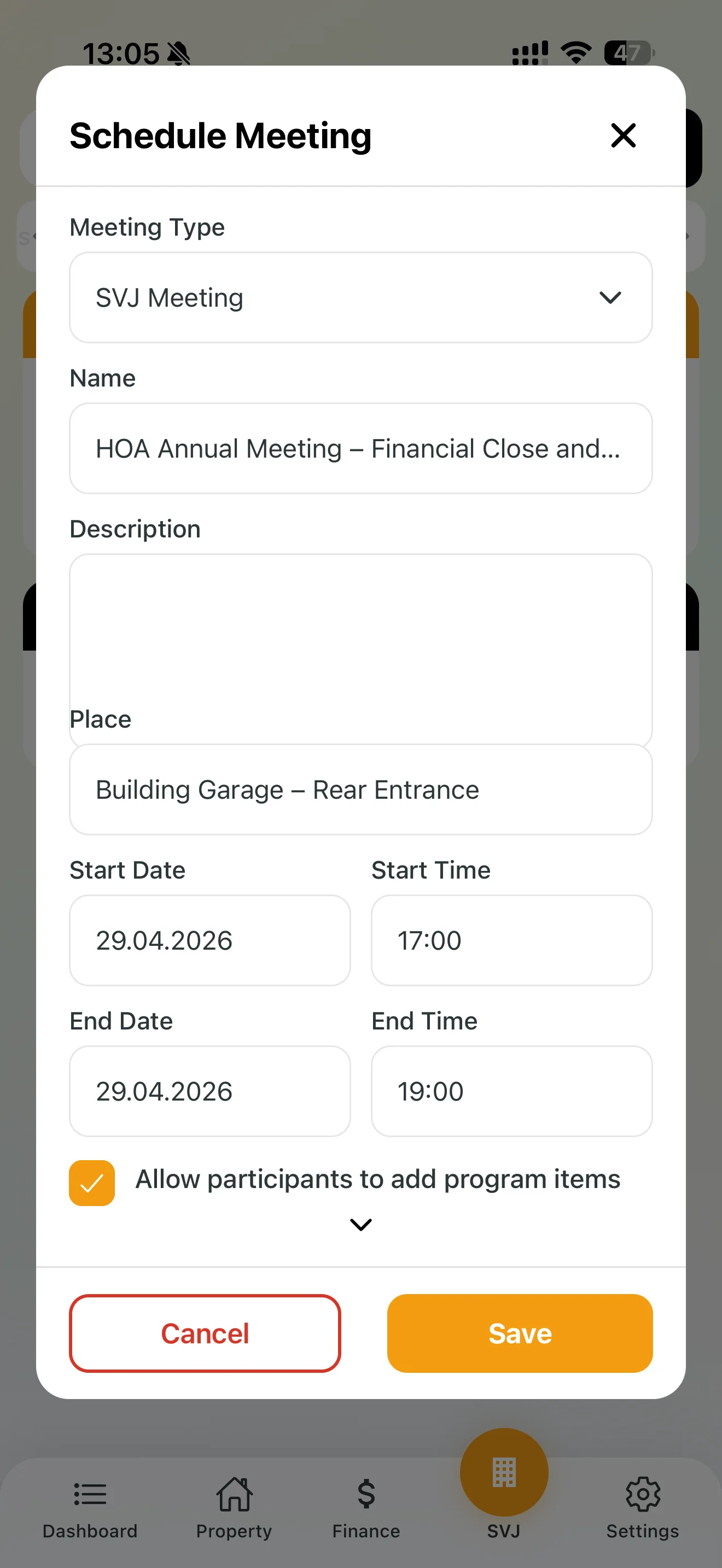 Form for scheduling a meeting