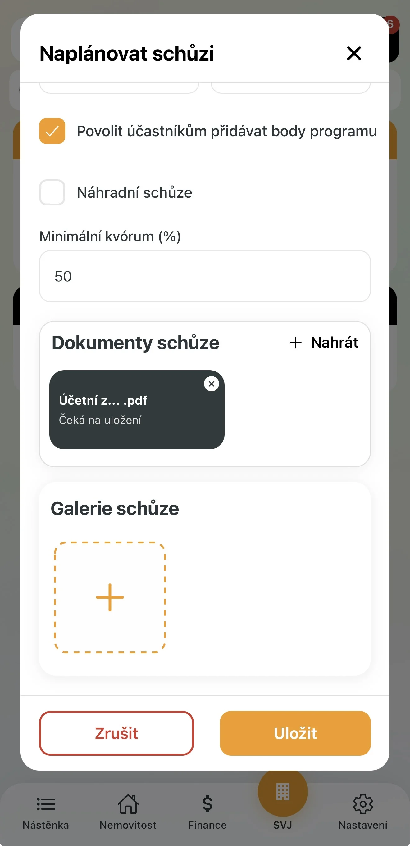 Přidání dokumentů ke schůzi