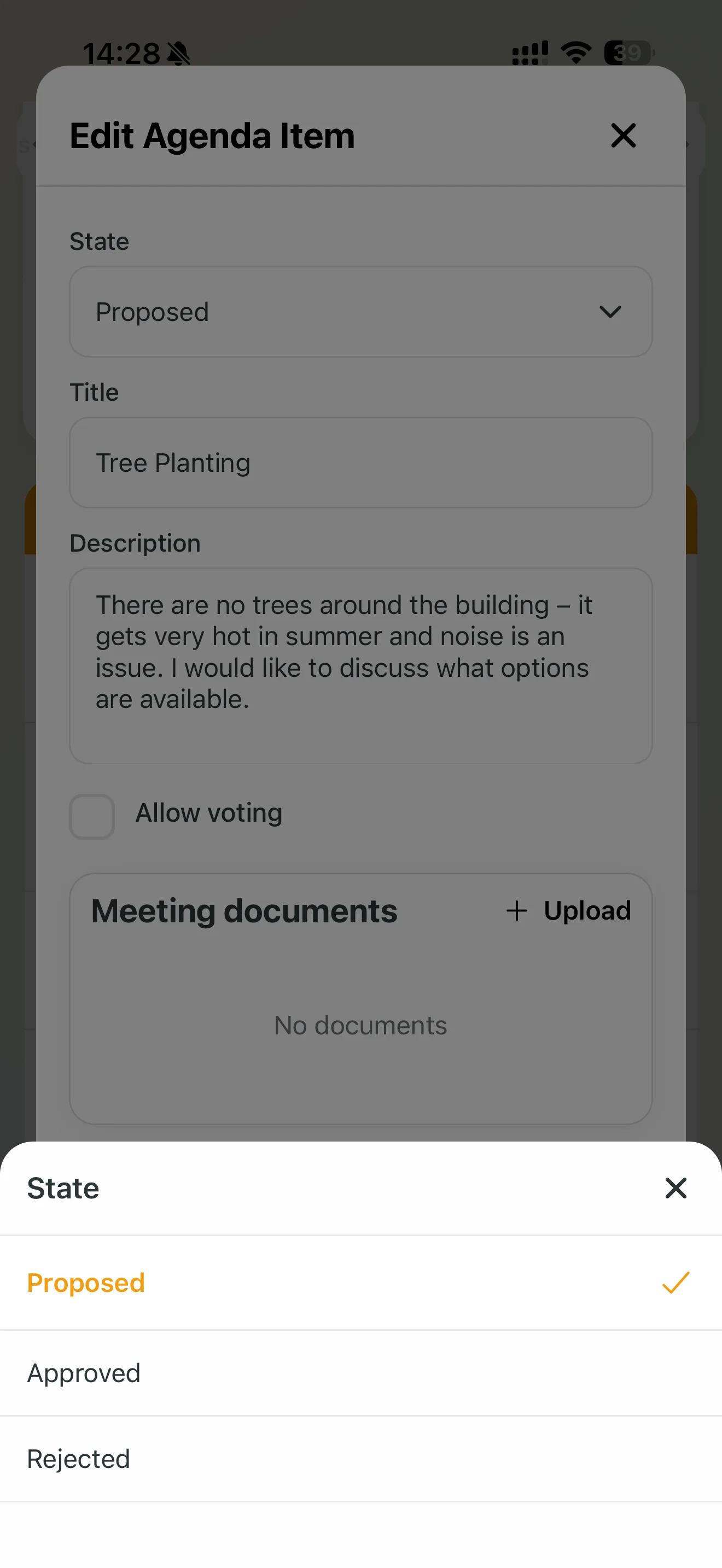 Changing the status of a proposed item