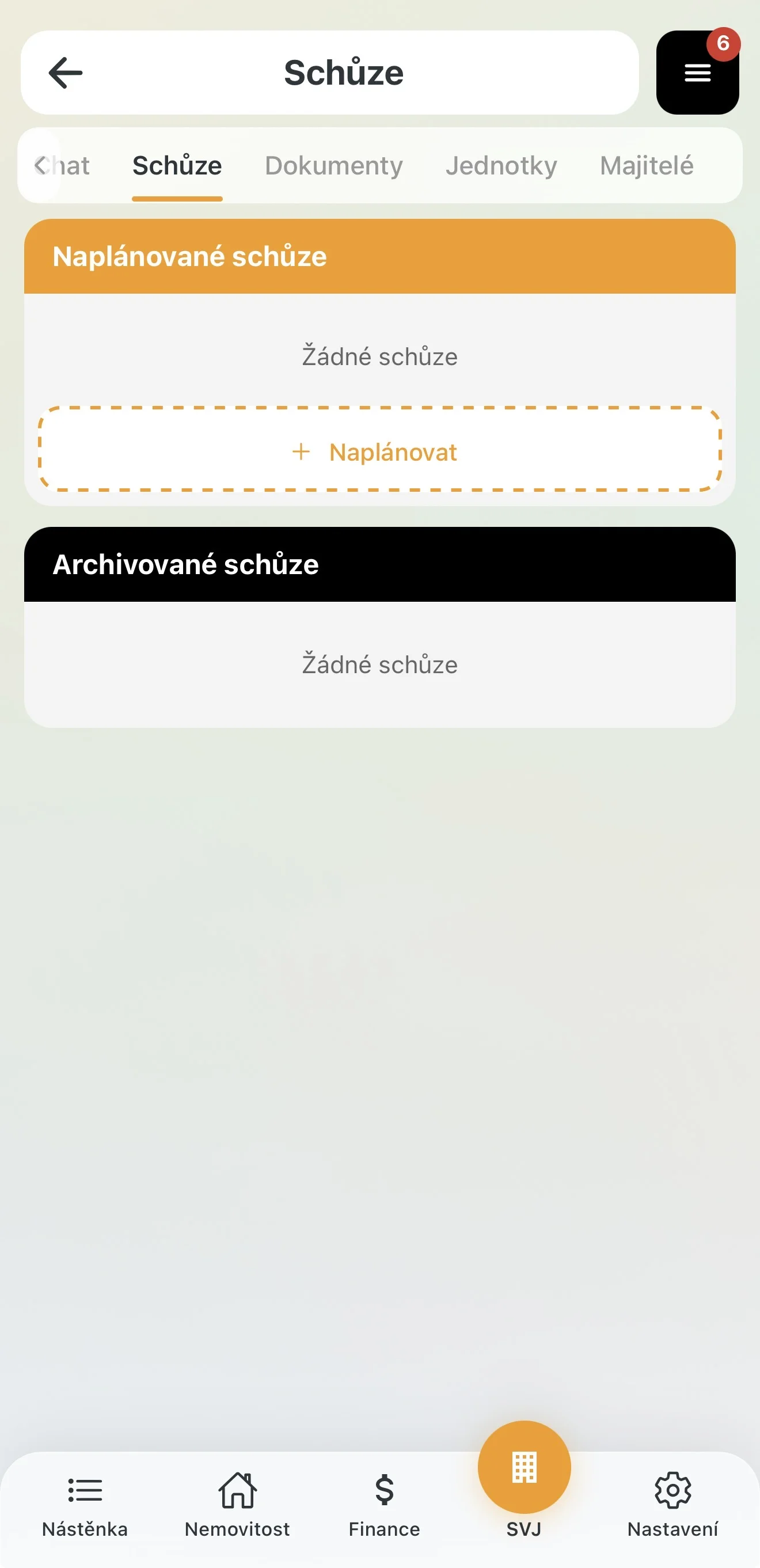 Prázdný program schůze po vytvoření