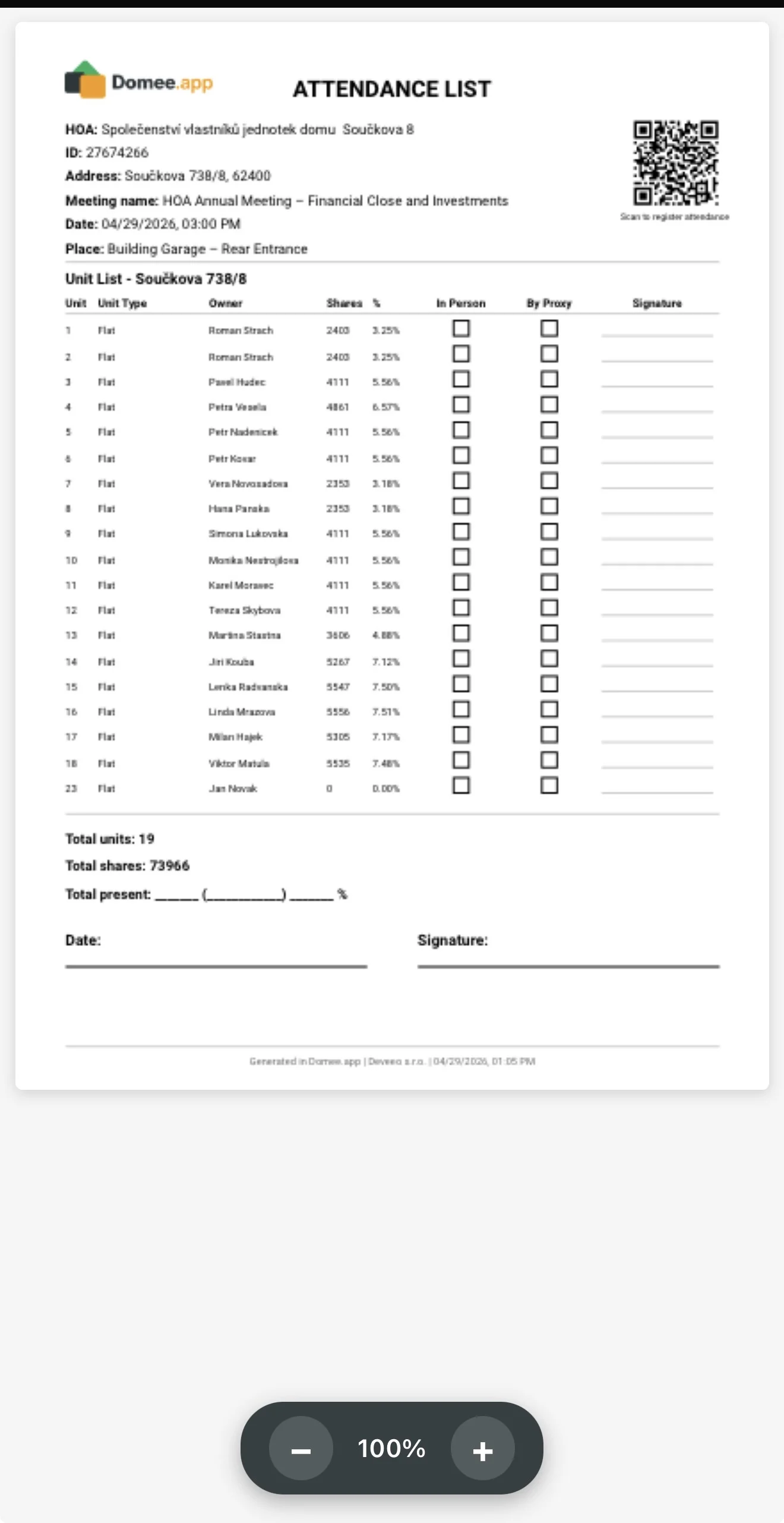 Generated attendance sheet