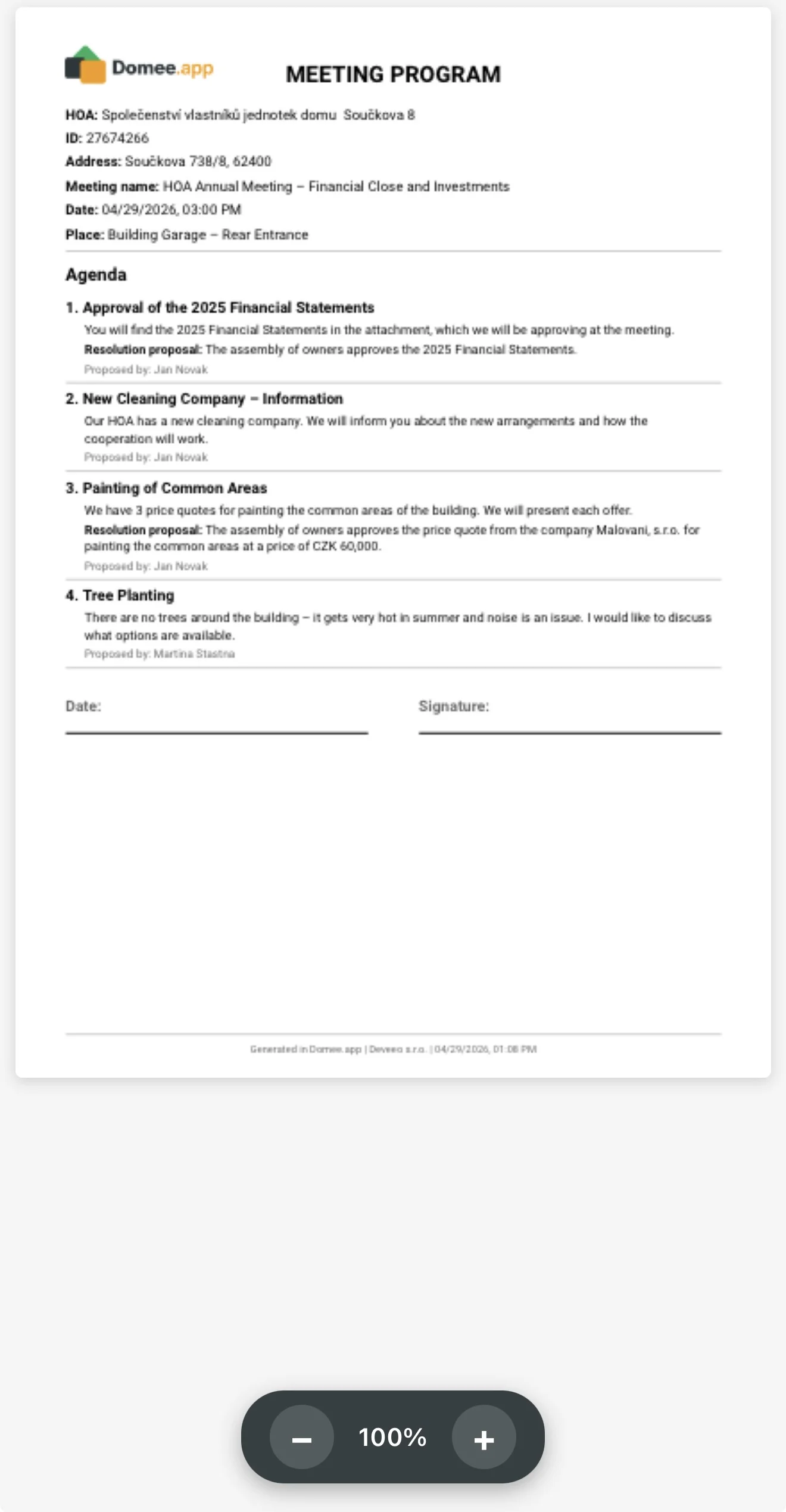 Printed meeting agenda
