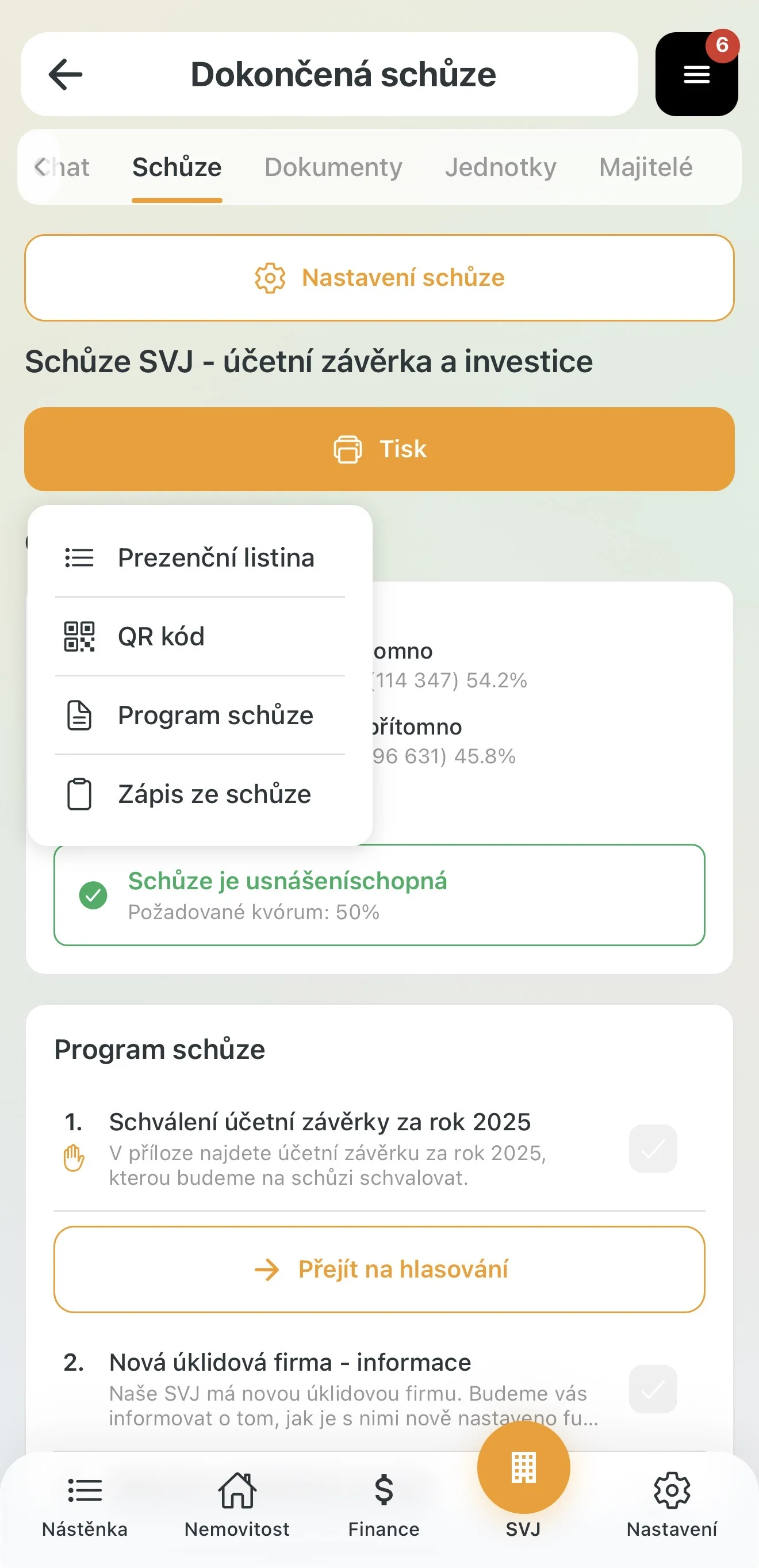 Volba Zápis ze schůze v menu Tisk