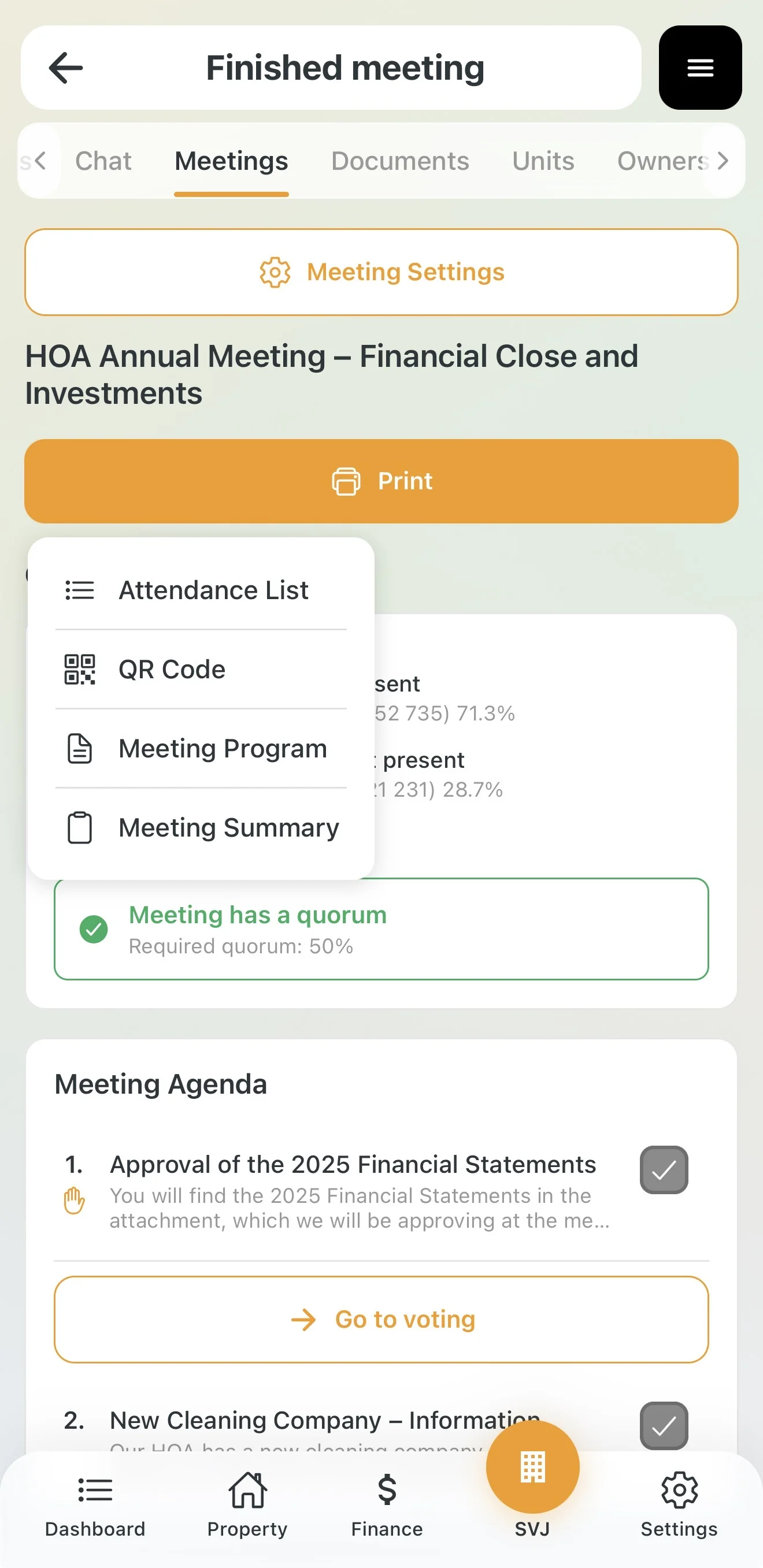 Selecting Meeting Minutes from the Print menu