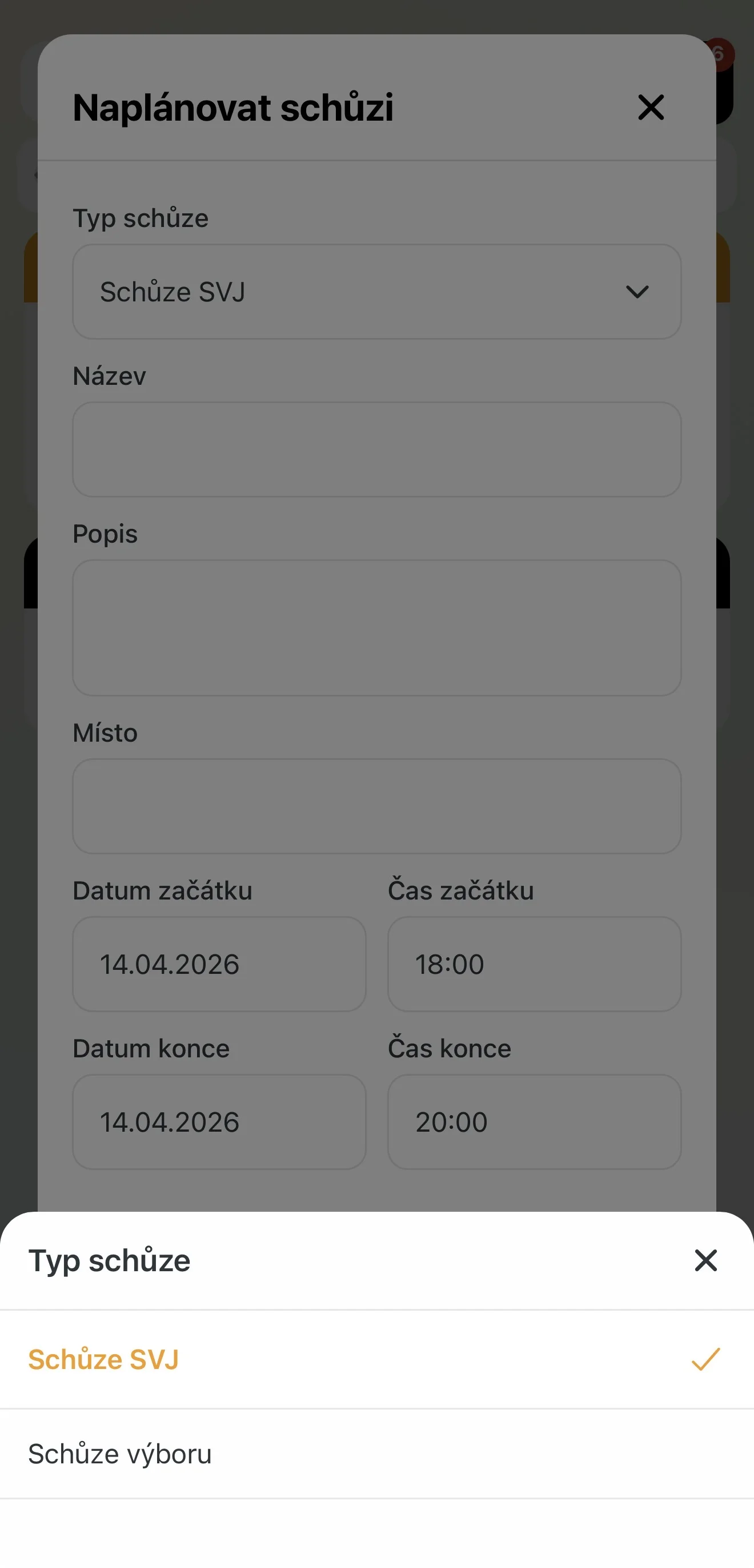 Výběr typu schůze