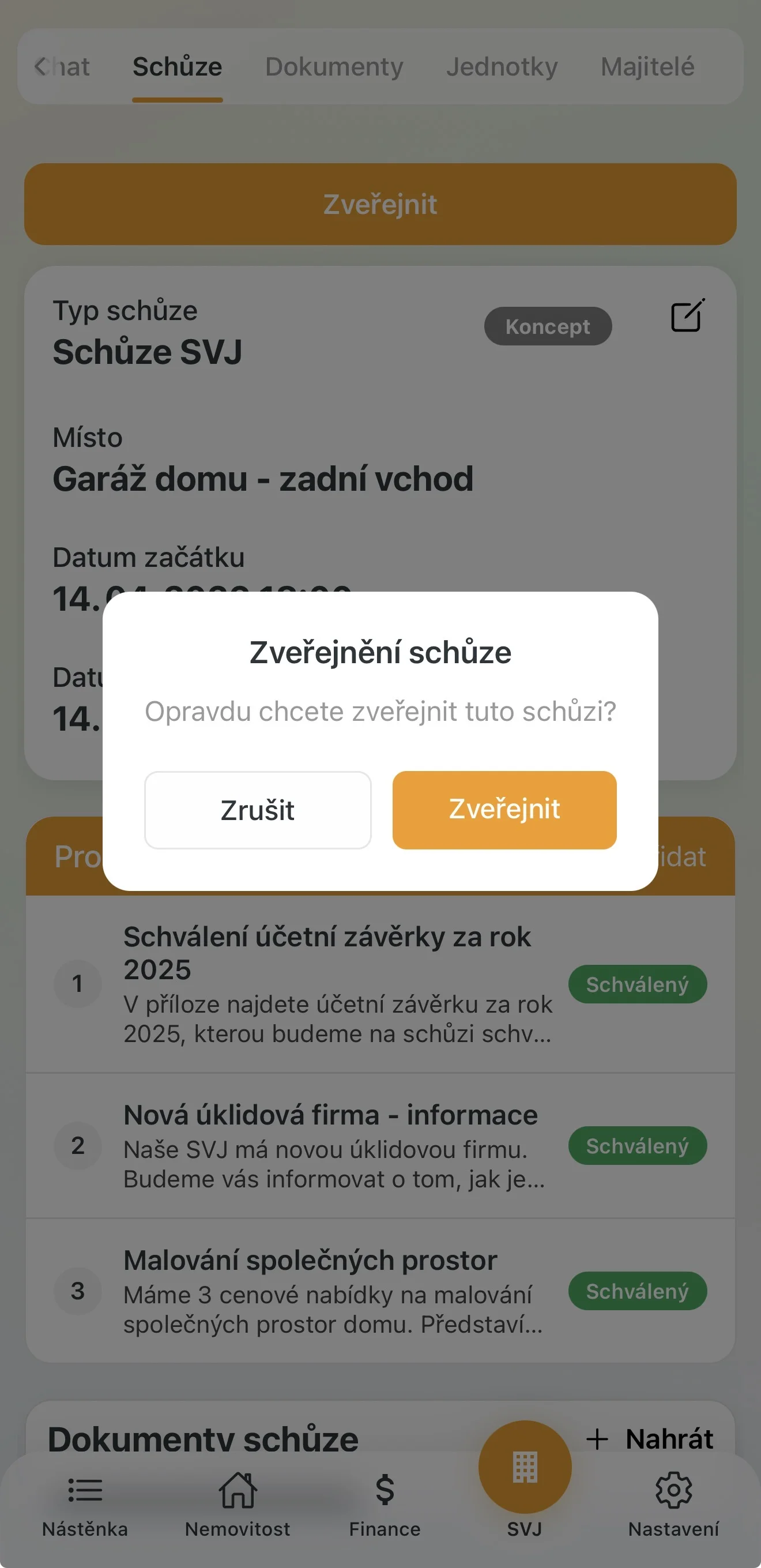 Potvrzení zveřejnění schůze