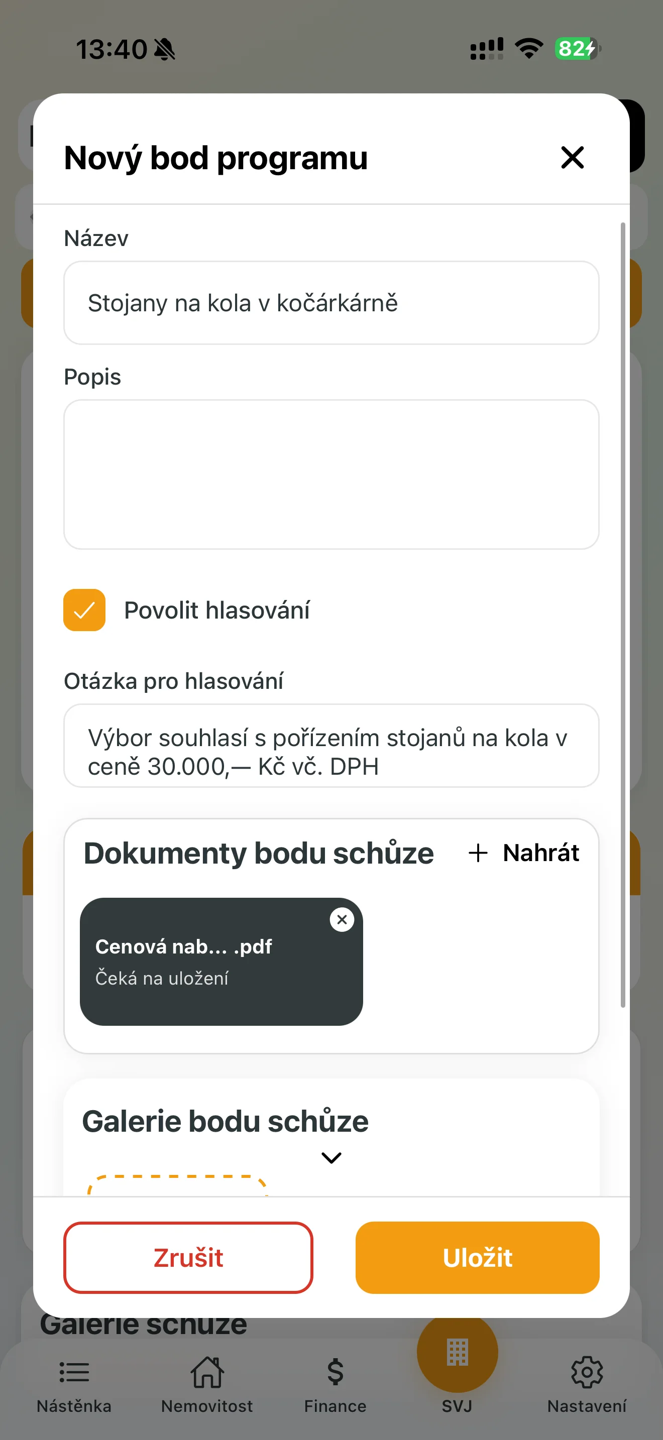 Detail bodu programu s nastaveným hlasováním