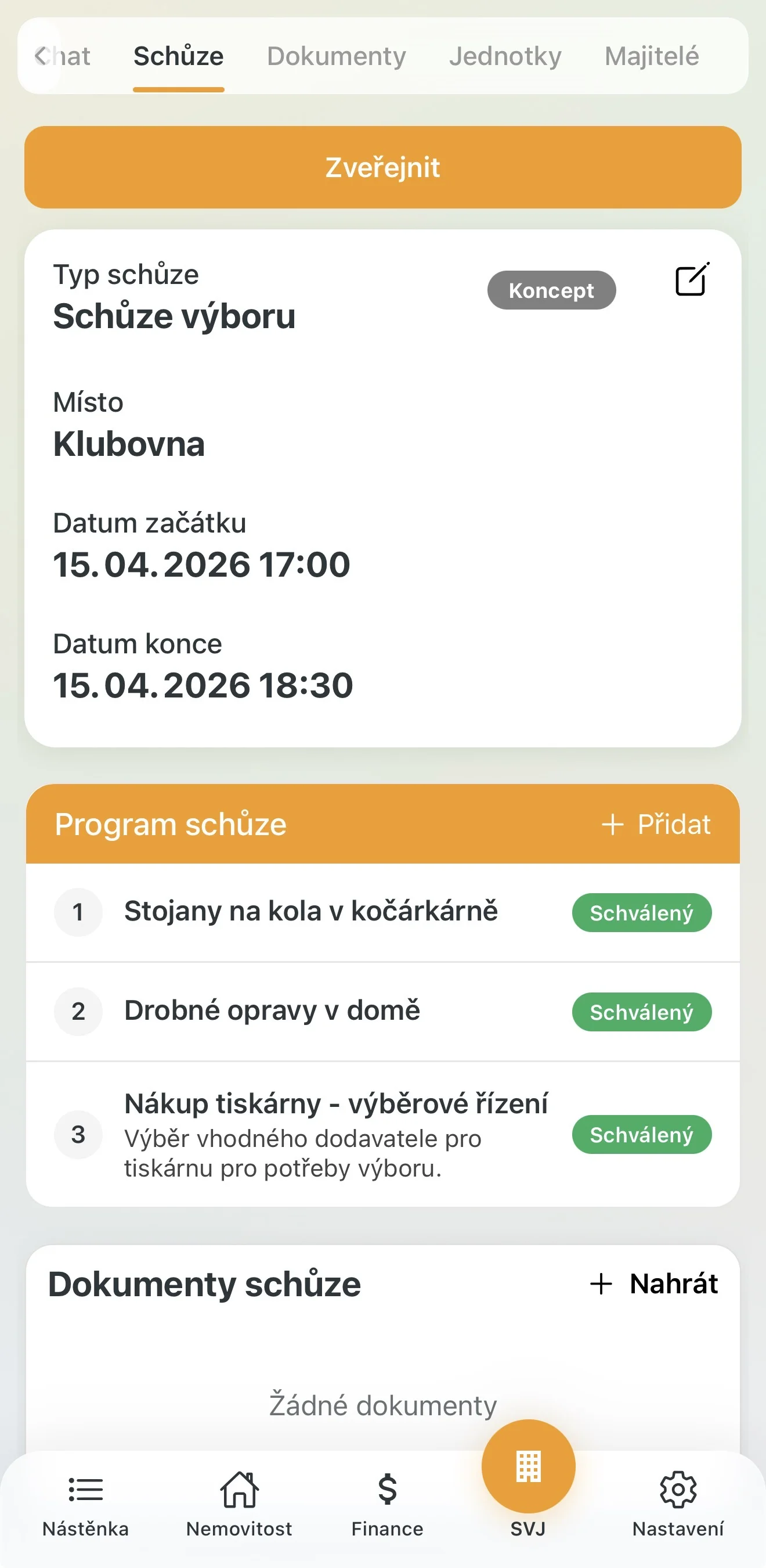 Koncept schůze výboru s připravenými body programu