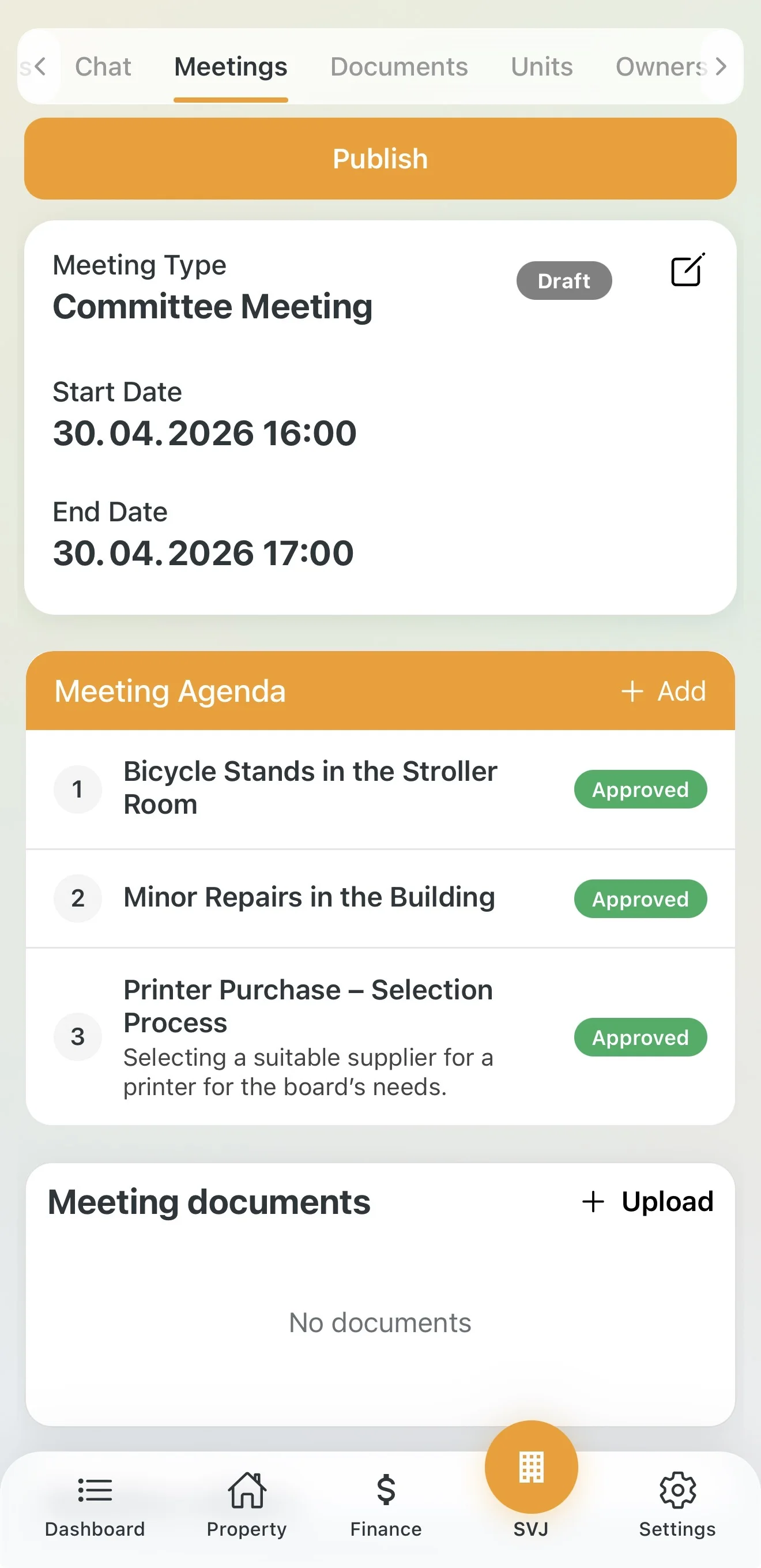 Board meeting draft with prepared agenda items