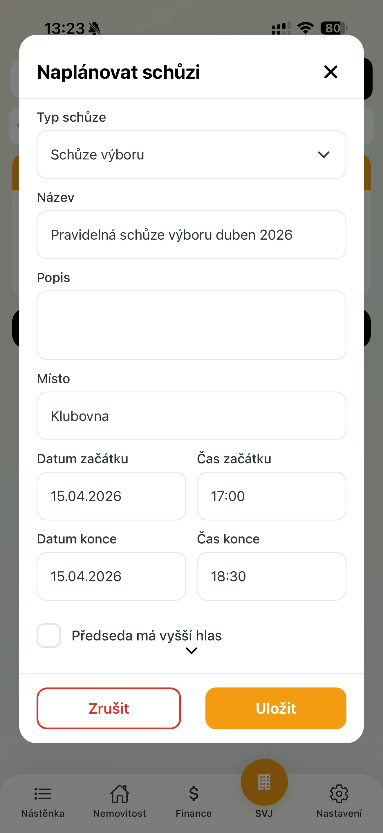 Detailní nastavení schůze výboru