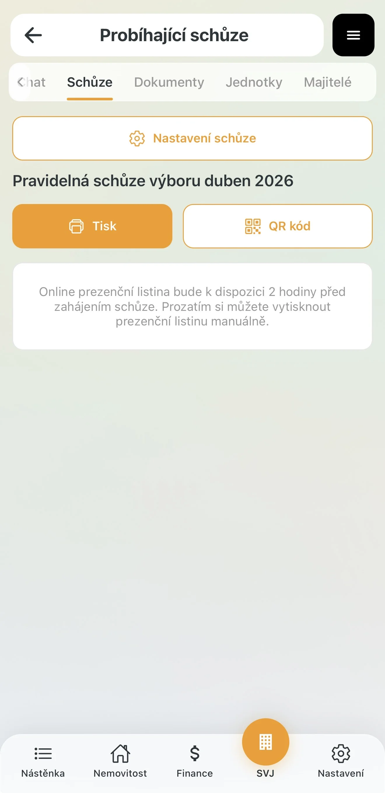 Volba tisku prezenční listiny nebo QR kódu