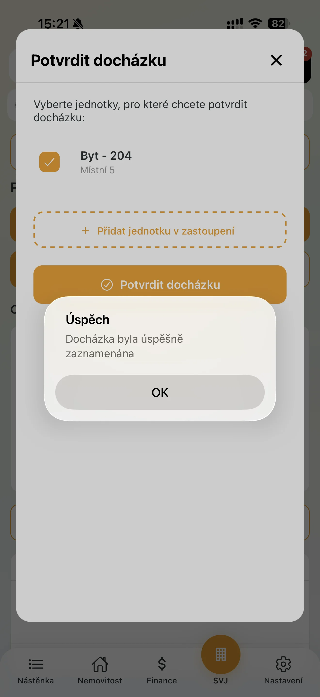Potvrzení úspěšného zaznamenání docházky