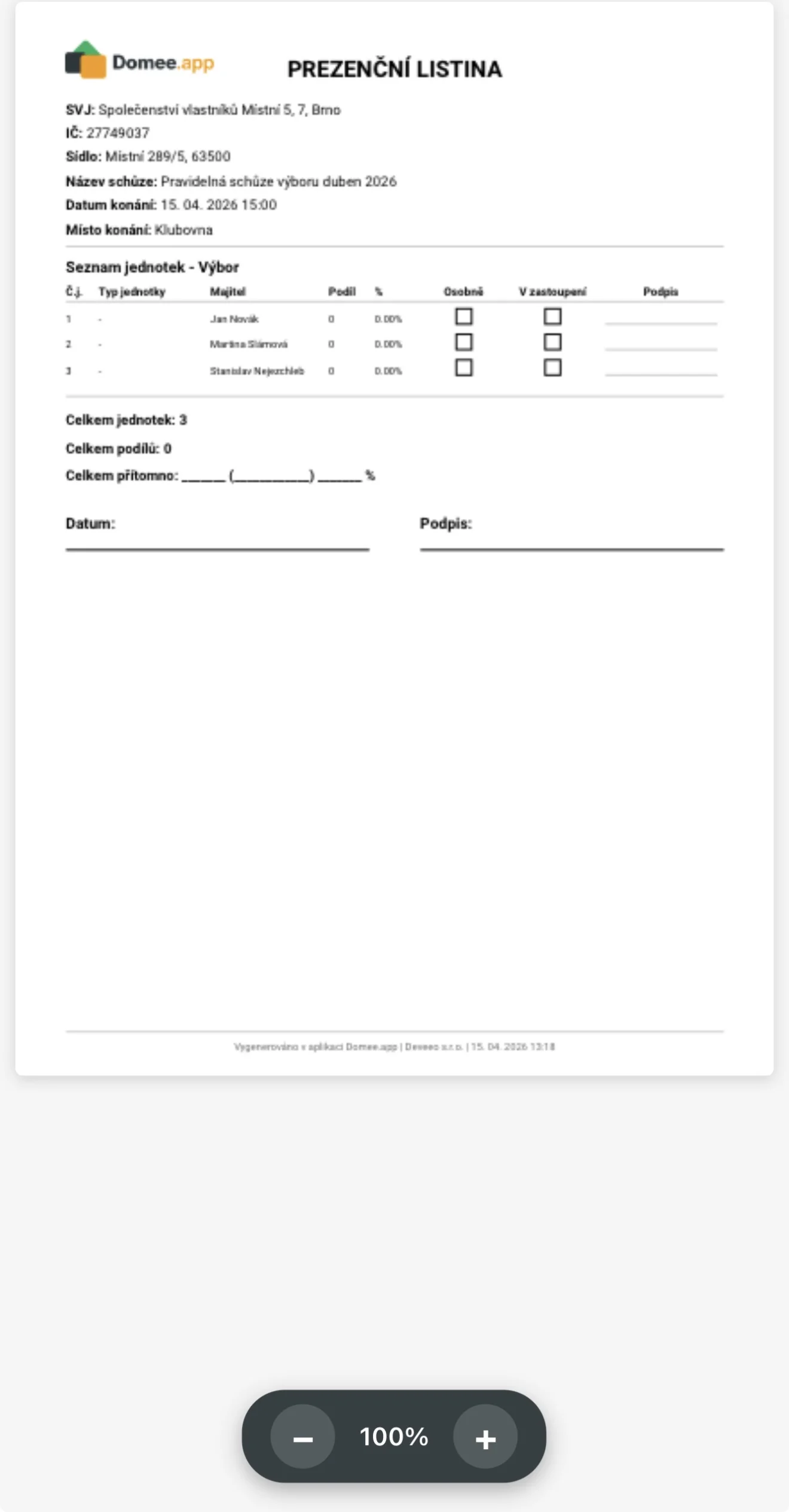 Vygenerovaná prezenční listina výboru