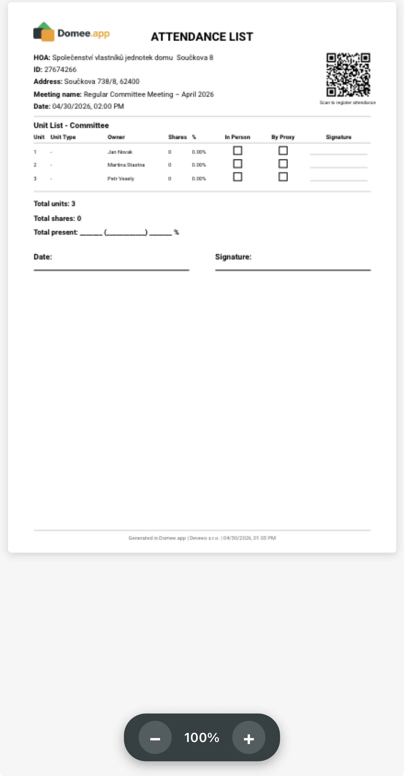 Generated board attendance sheet