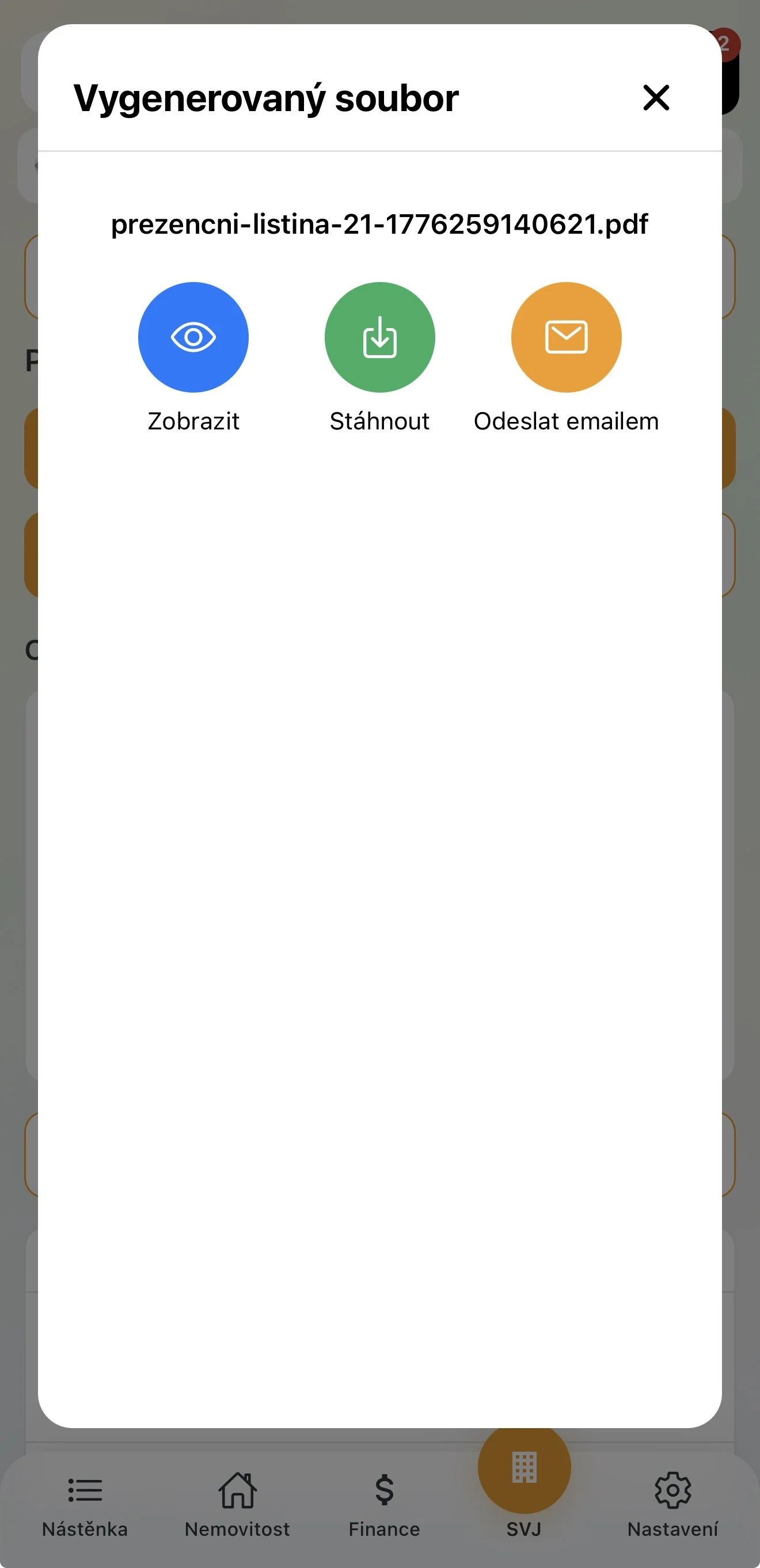 Stažení nebo odeslání prezenční listiny