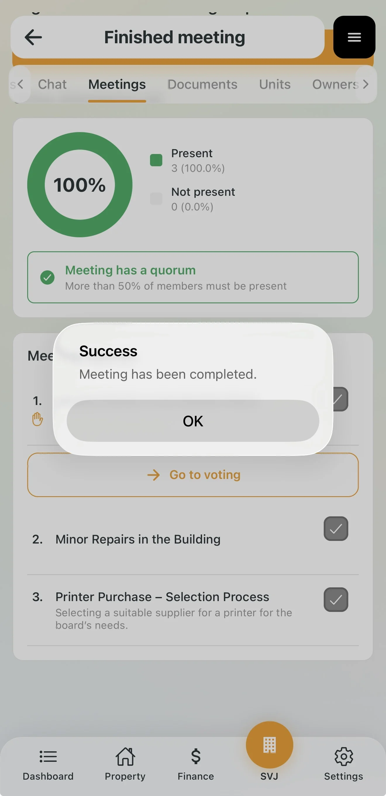 Close Board Meeting button
