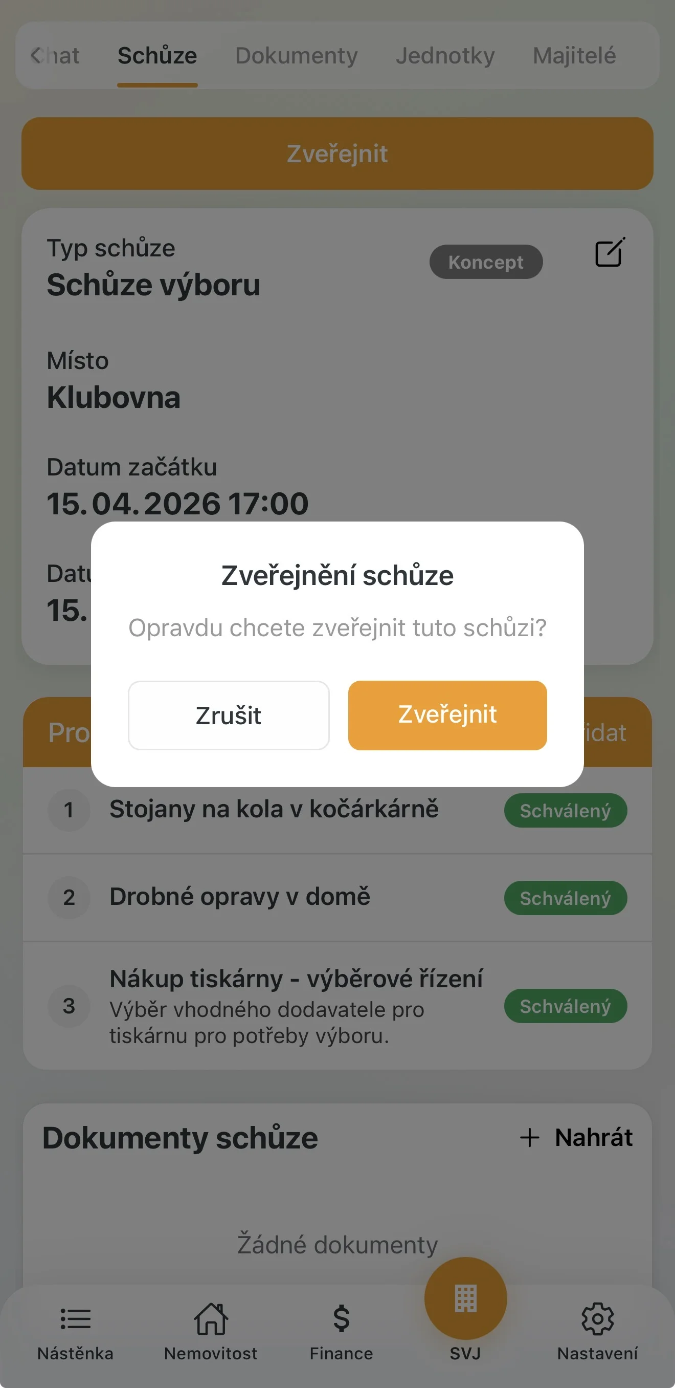 Tlačítko Zveřejnit schůzi výboru