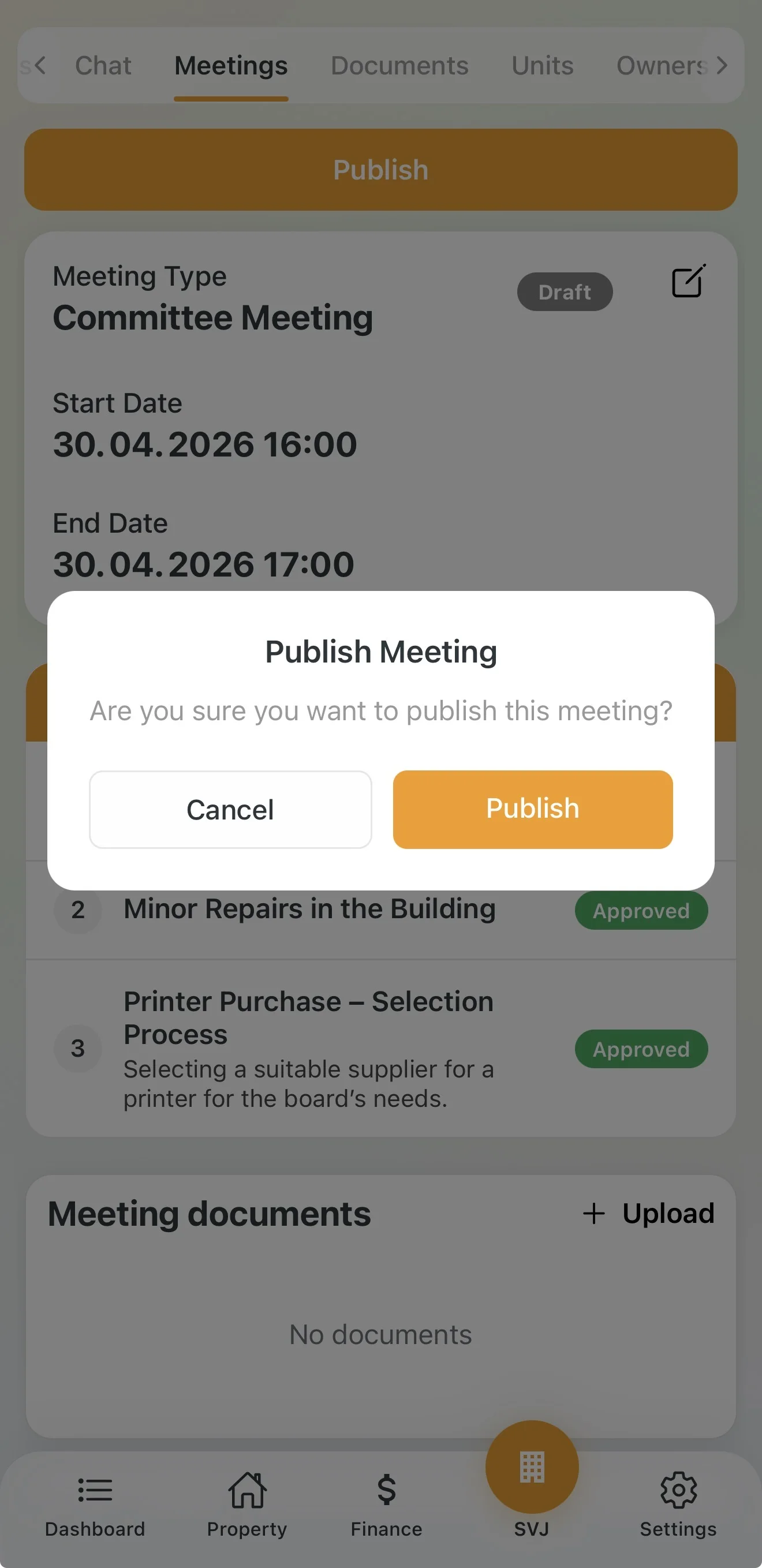 Publish button for the board meeting