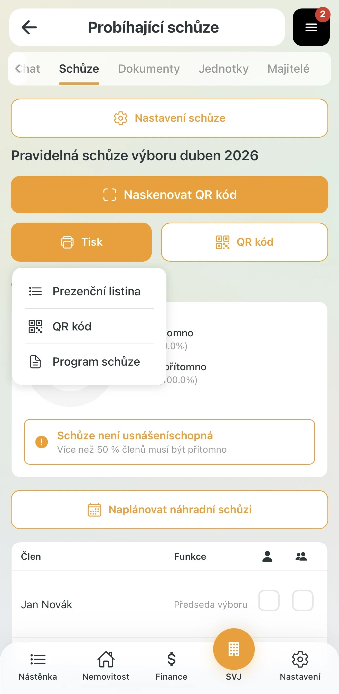 Tisk QR kódu pro prezenci výboru