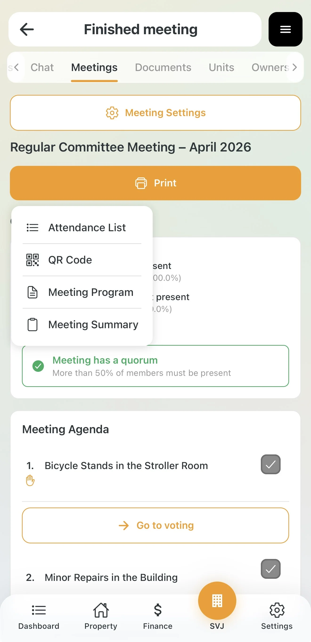 Selecting Meeting Minutes from the Print menu