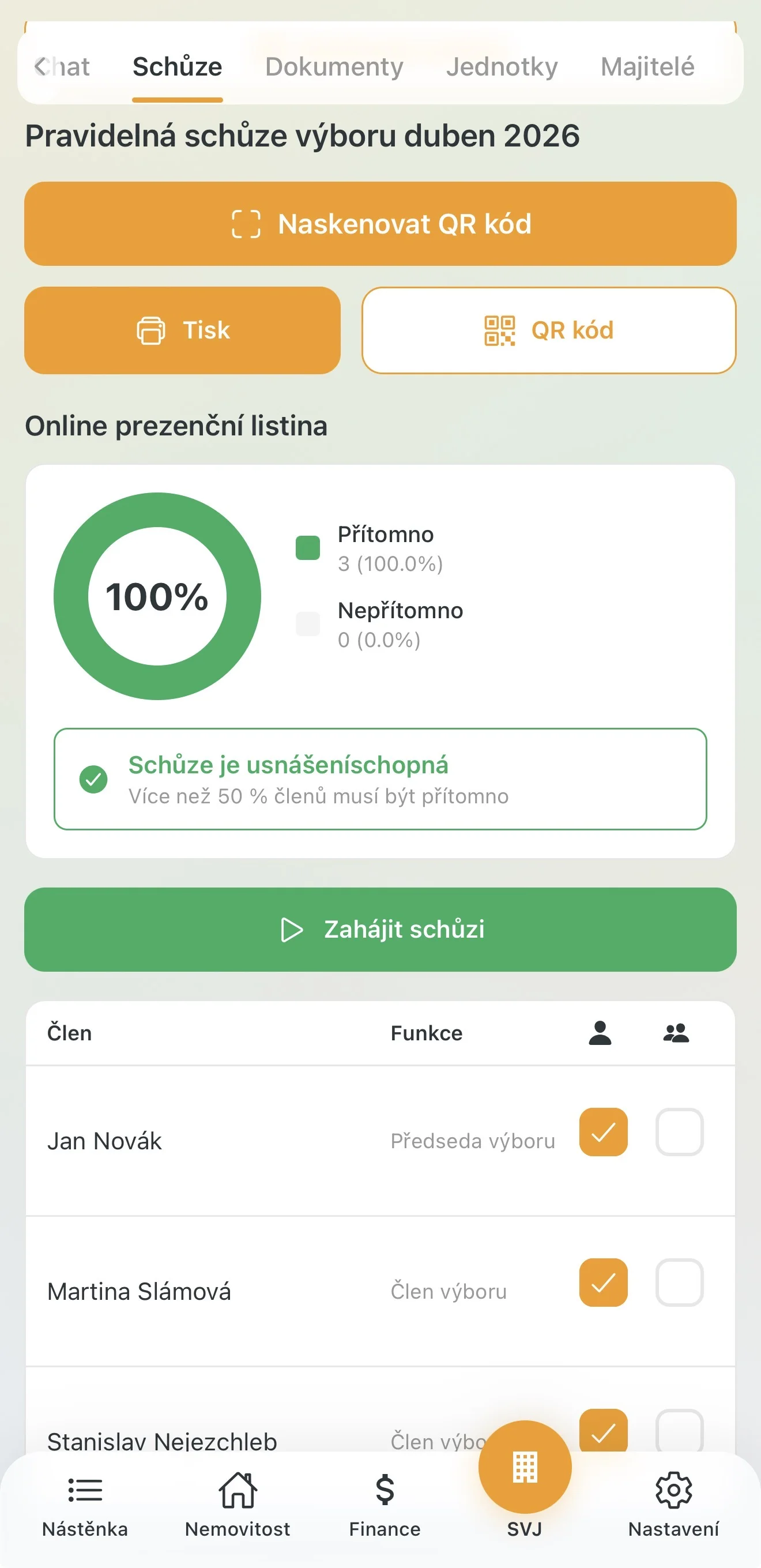 Schůze výboru je usnášeníschopná