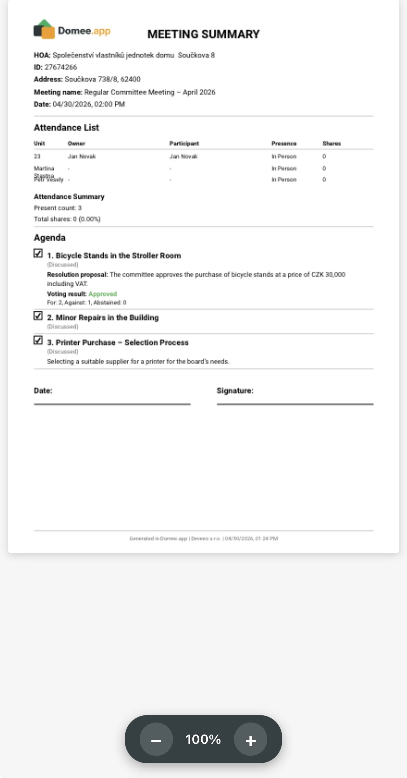 Generated board meeting minutes