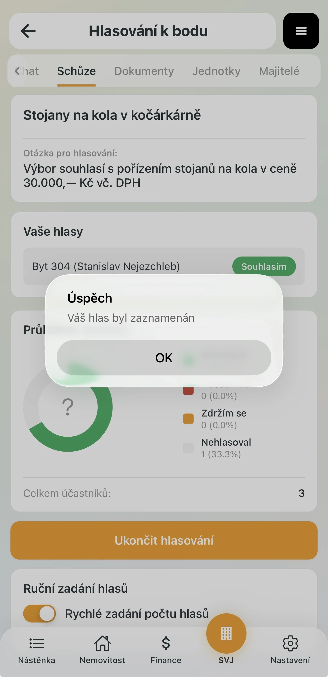 Hlas člena výboru úspěšně zaznamenán