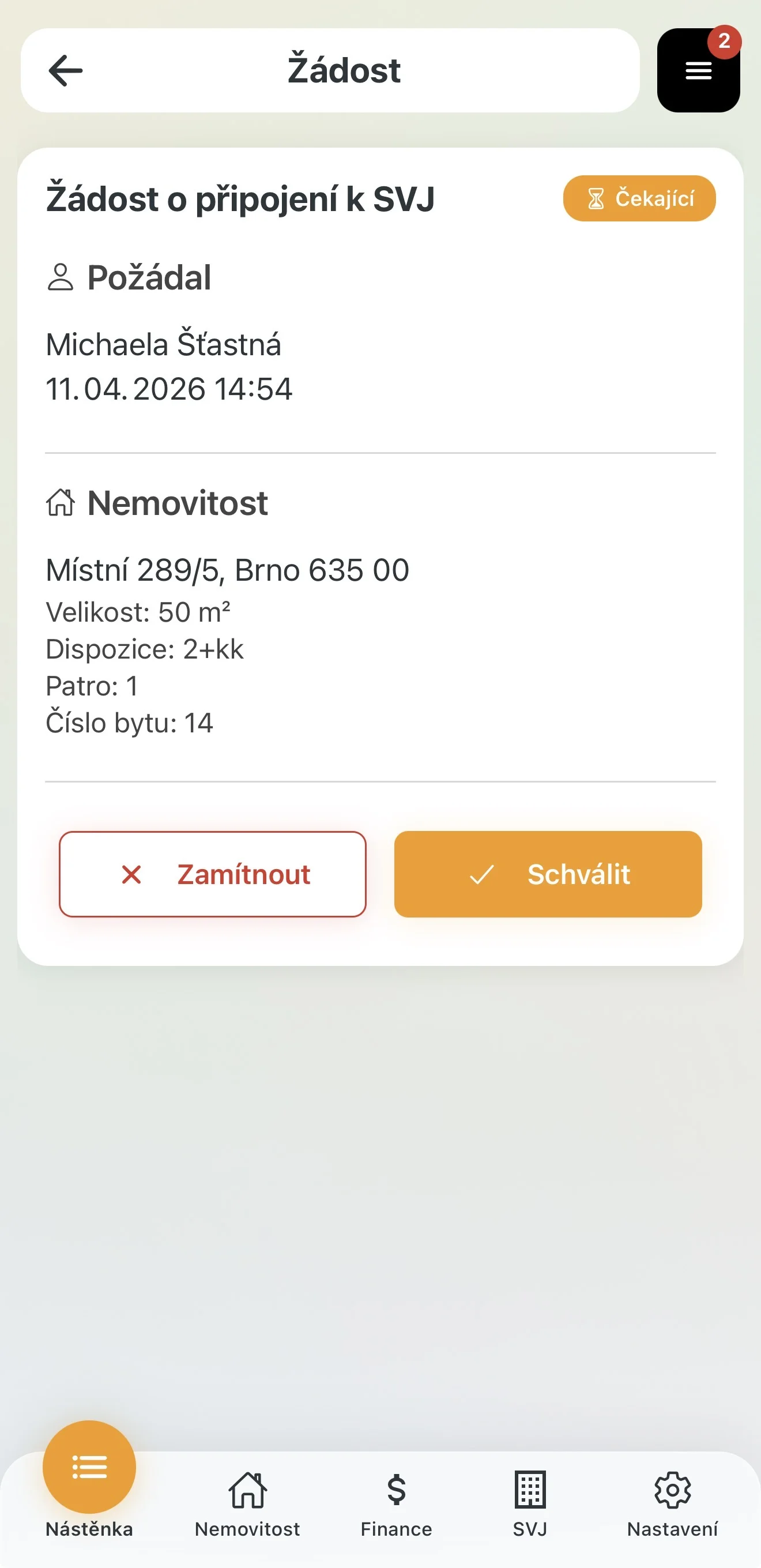 Detail žádosti o připojení