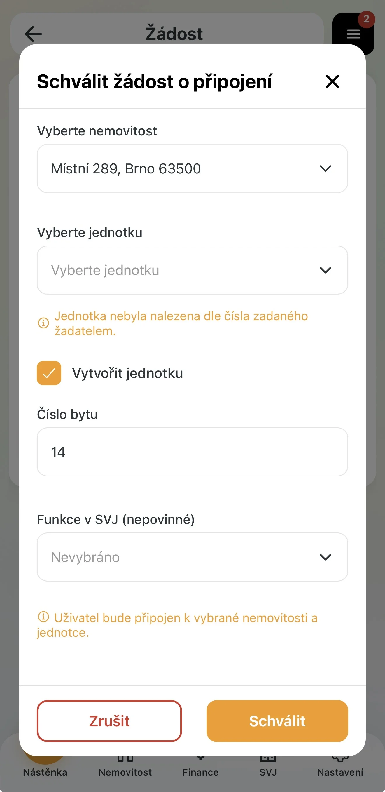 Upozornění na špatné číslo bytu