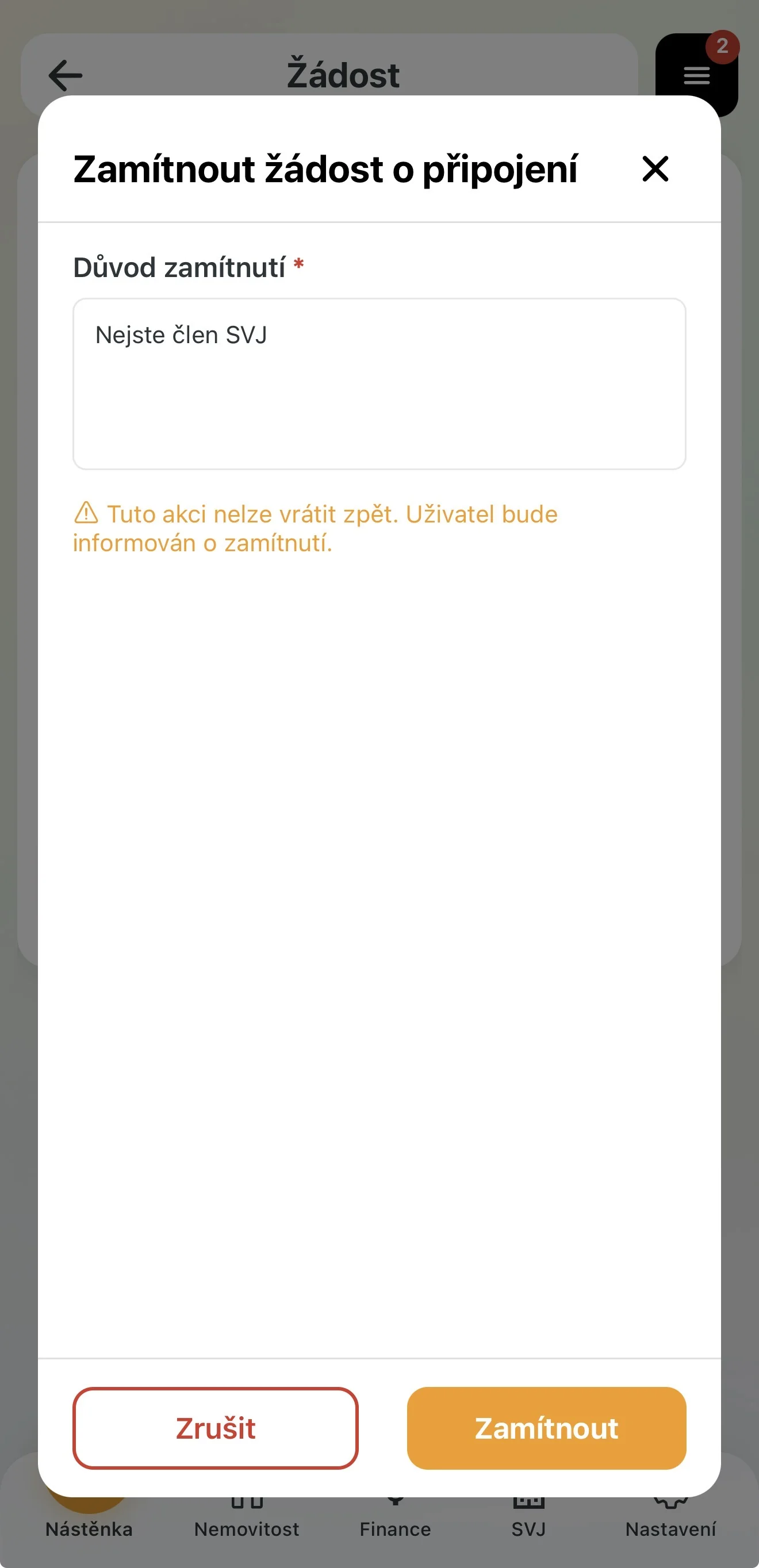 Formulář zamítnutí žádosti