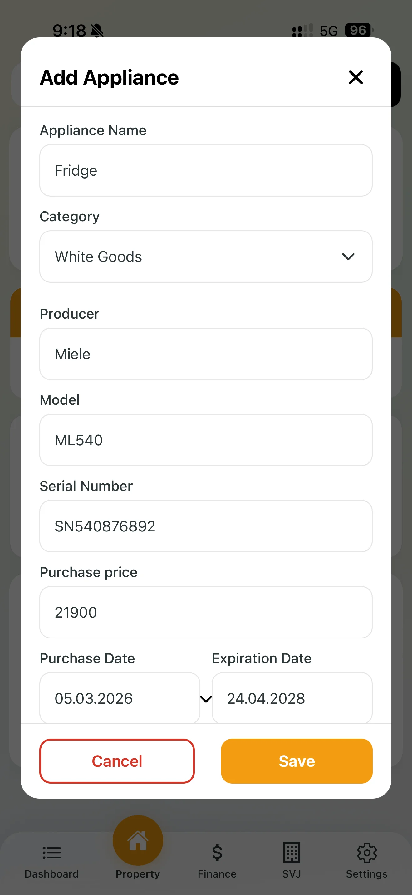 Form for adding an appliance