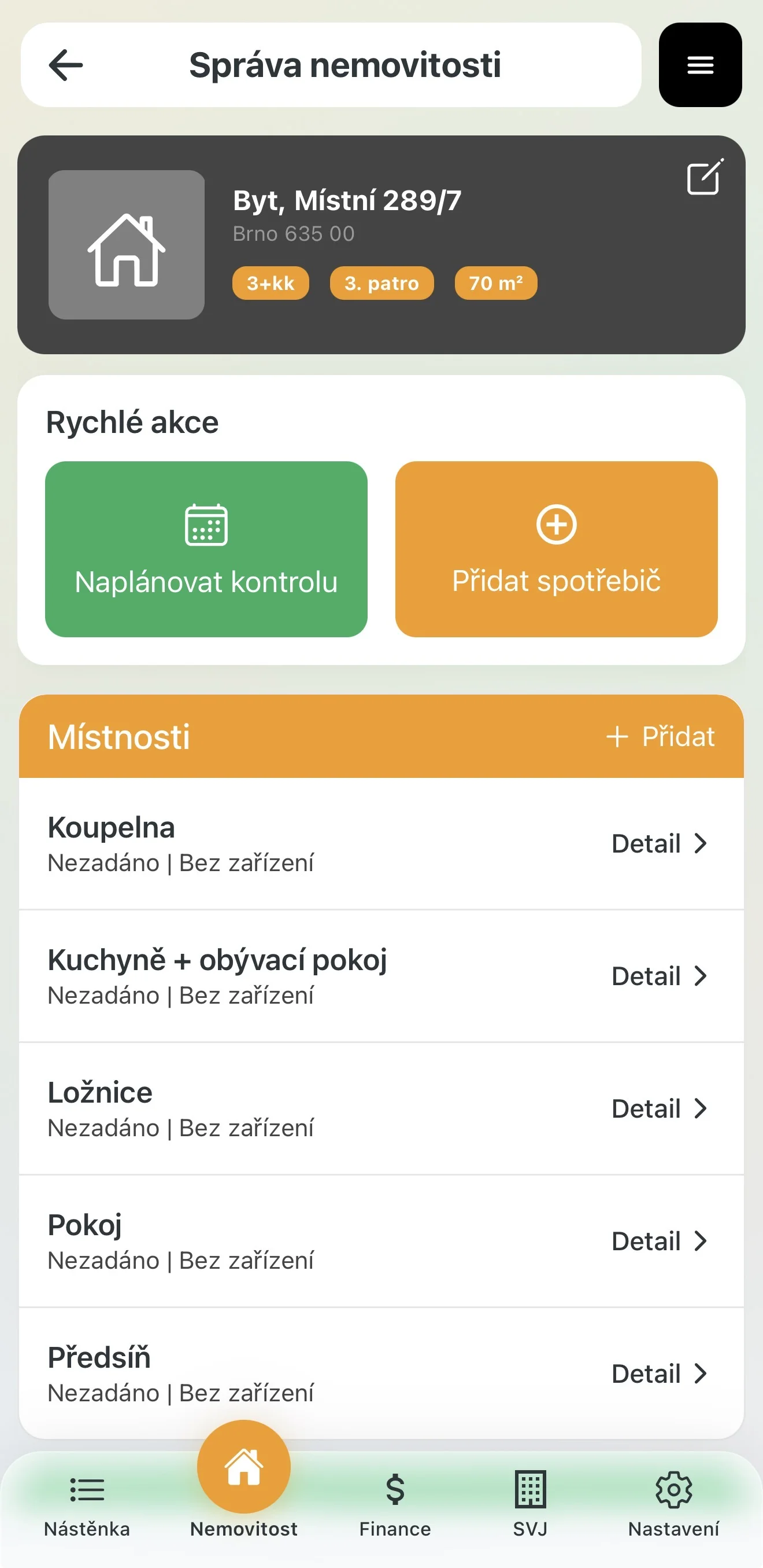 Detail nemovitosti — přehled správy