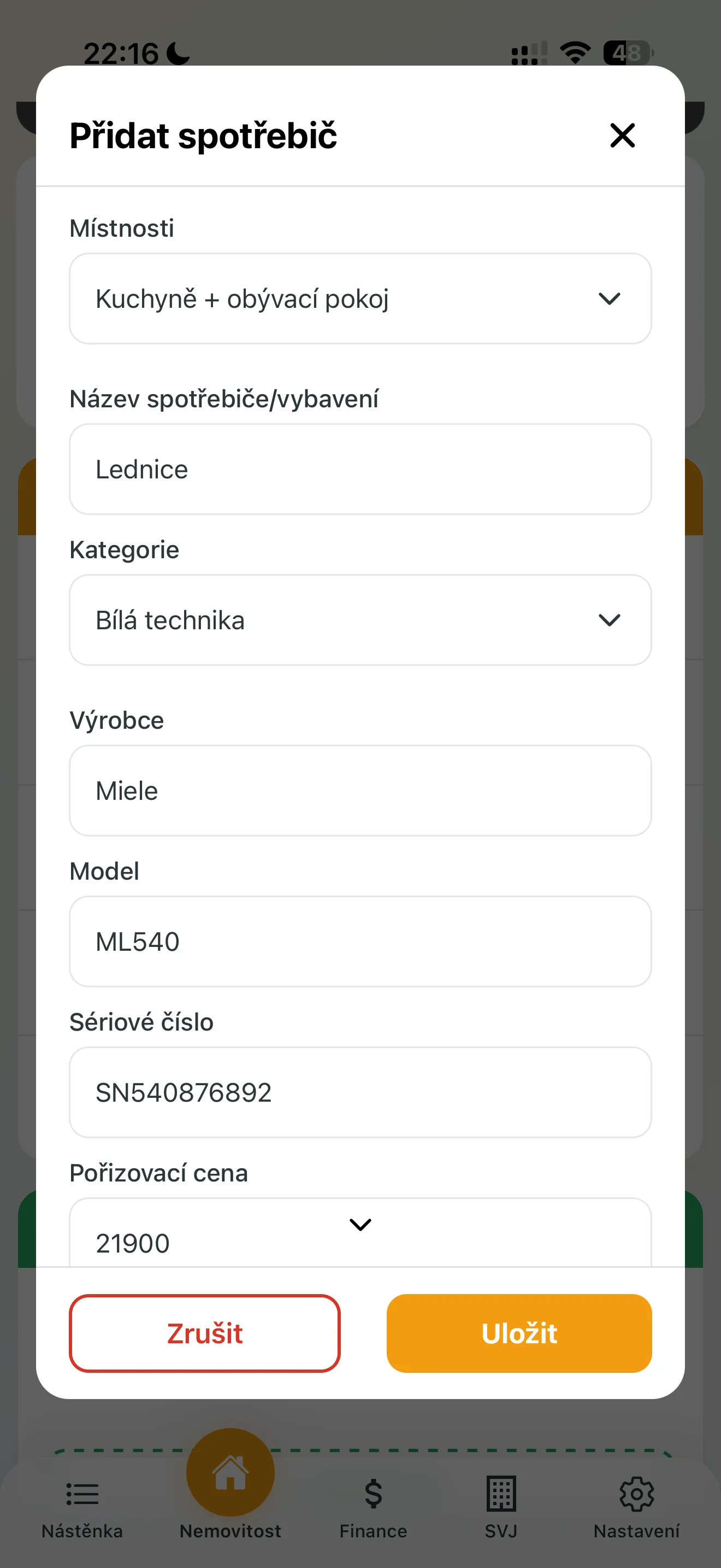 Formulář pro přidání spotřebiče