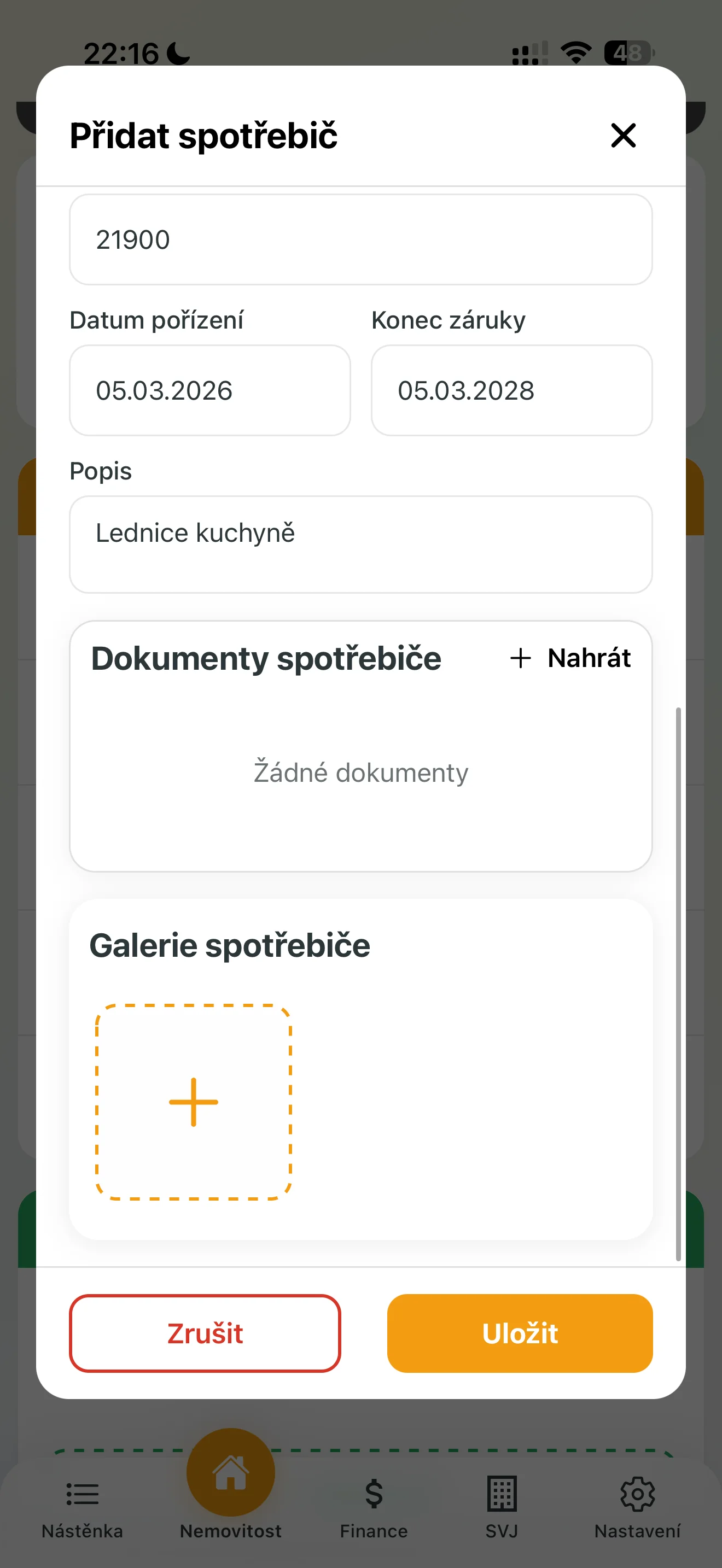 Nahrání dokumentů ke spotřebiči