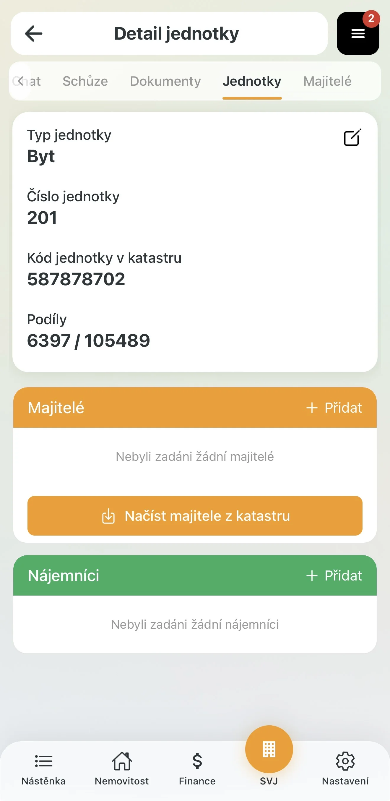 Detail jednotky se sekcí Majitelé