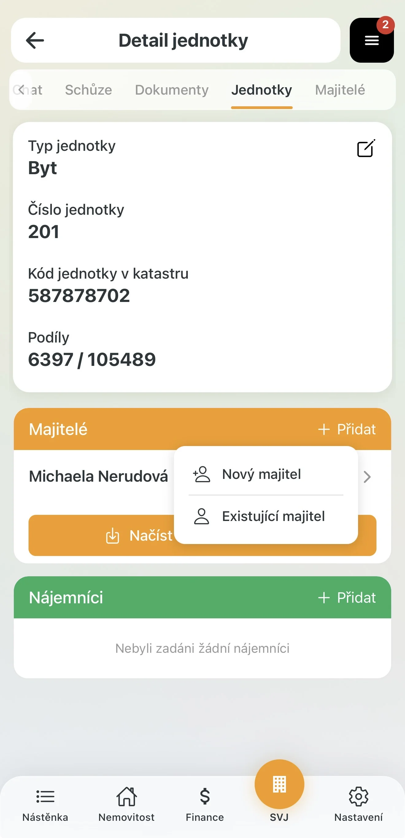 Existující majitel přiřazený k jednotce