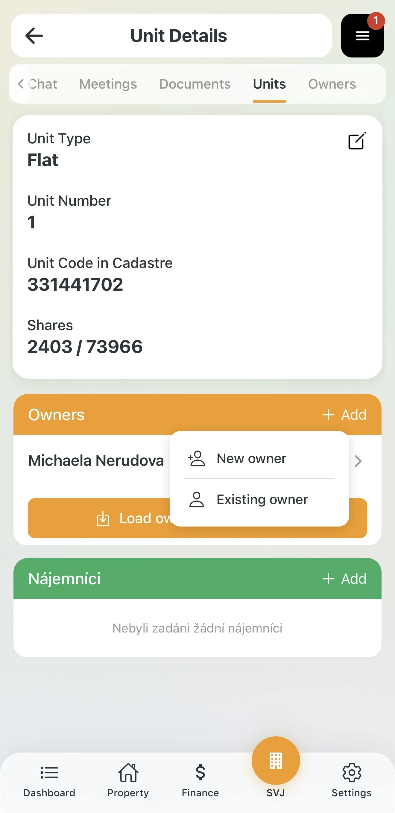 Existing owner assigned to the unit