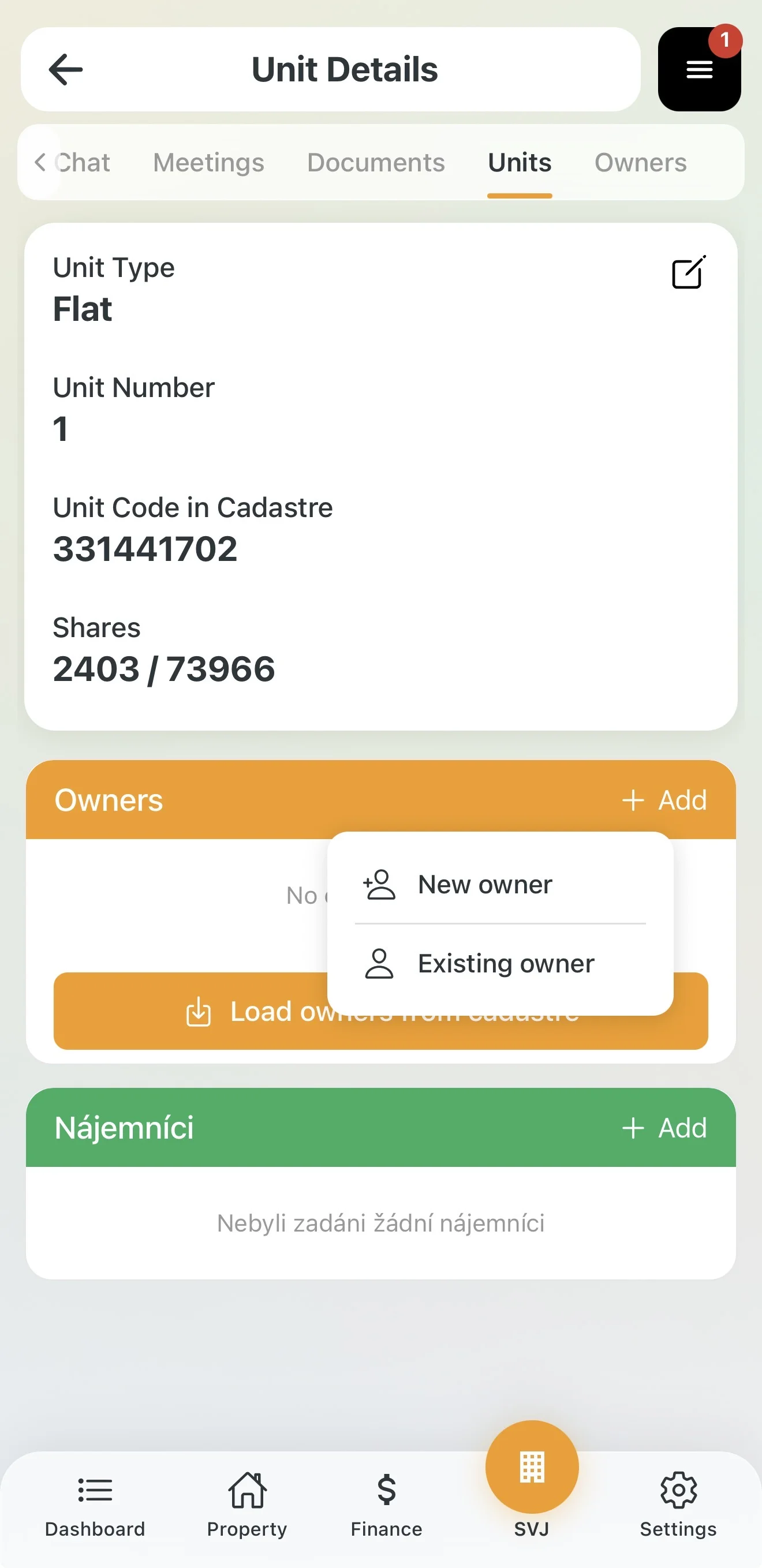 Form for entering a new owner