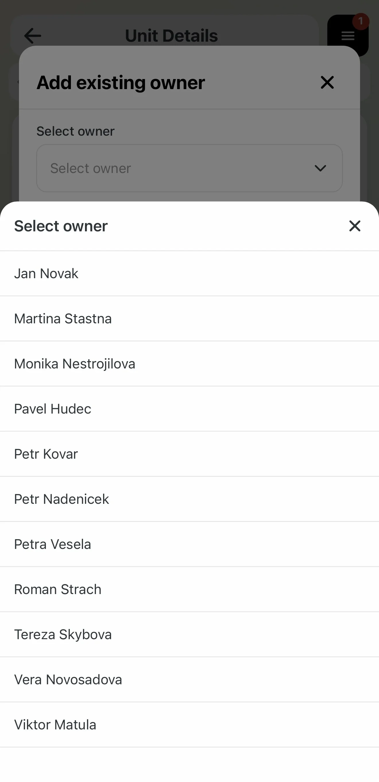Selecting an existing owner from the list