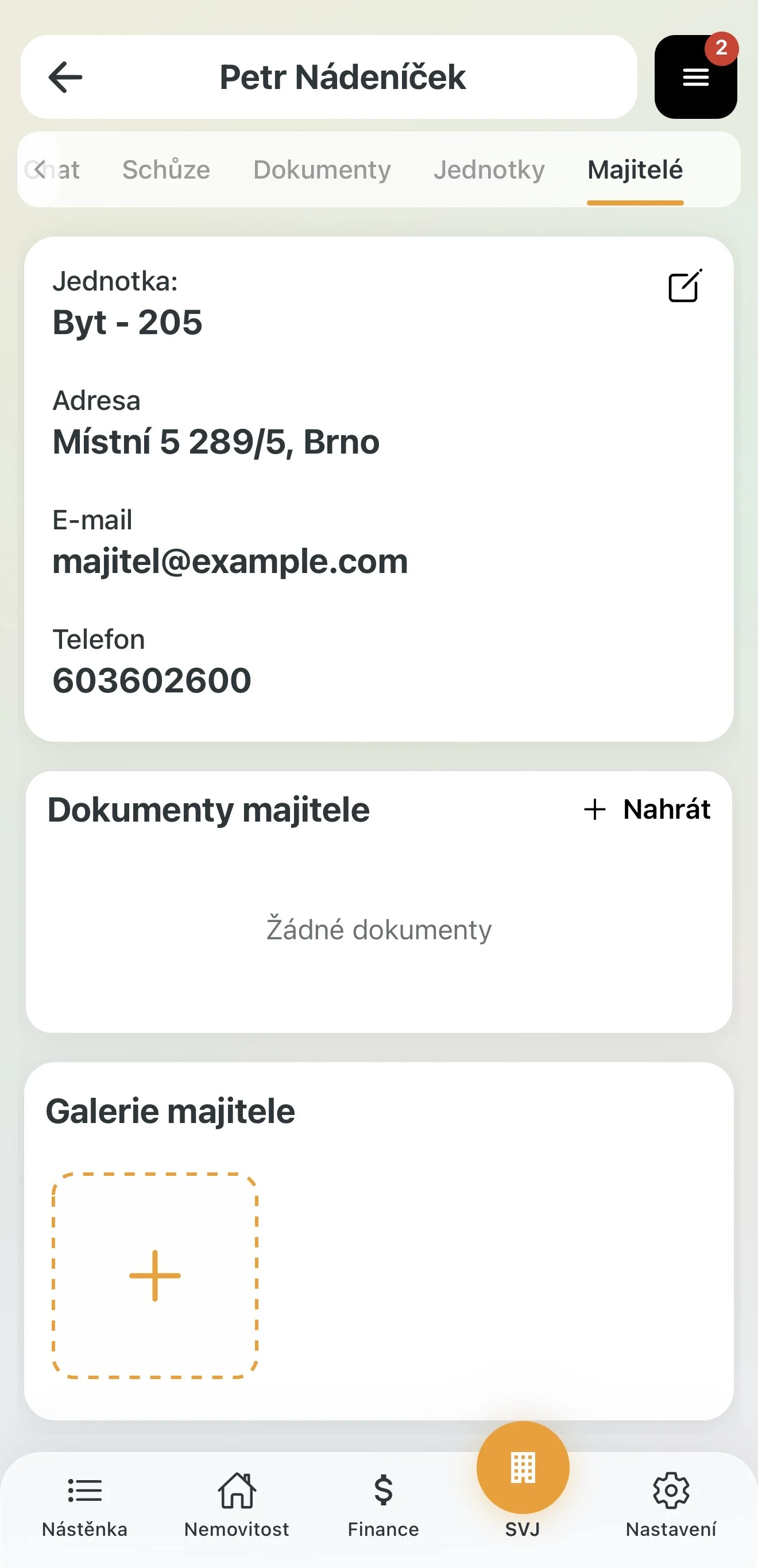 Detail majitele s dokumenty a kontaktem