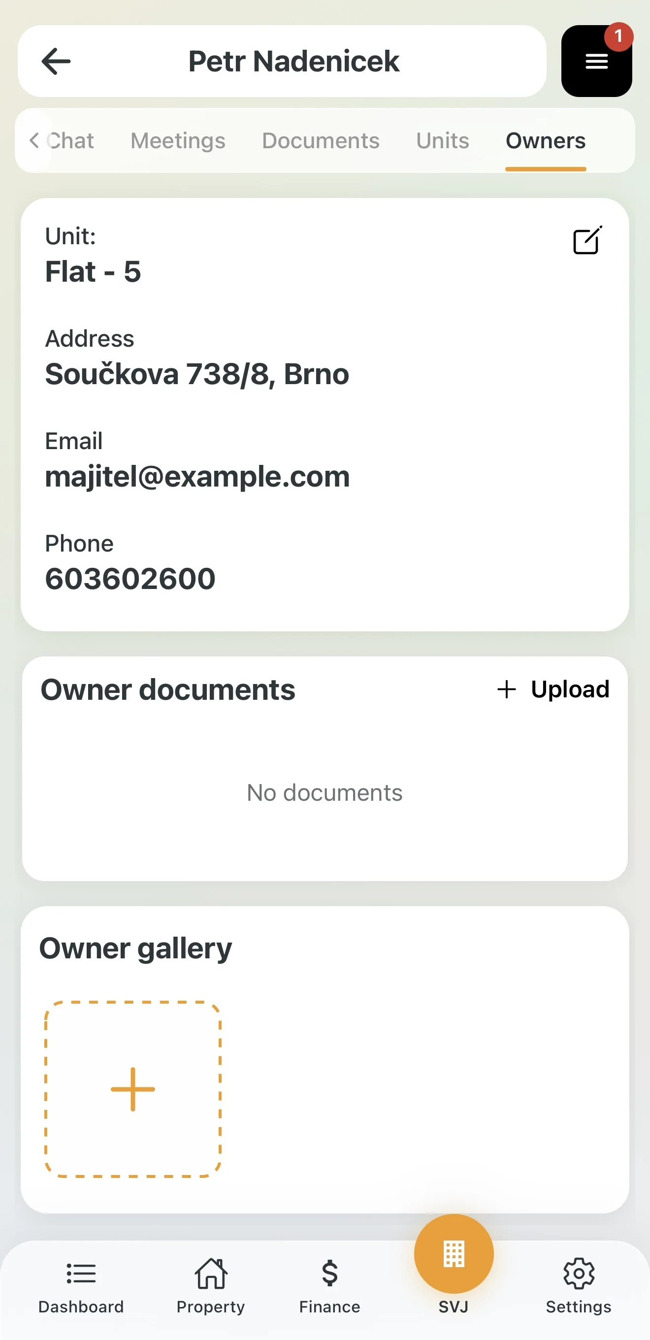 Owner detail with documents and contact