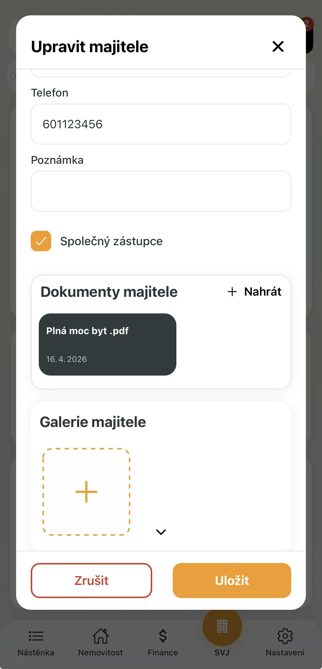 Nahraná plná moc zobrazená v detailu majitele