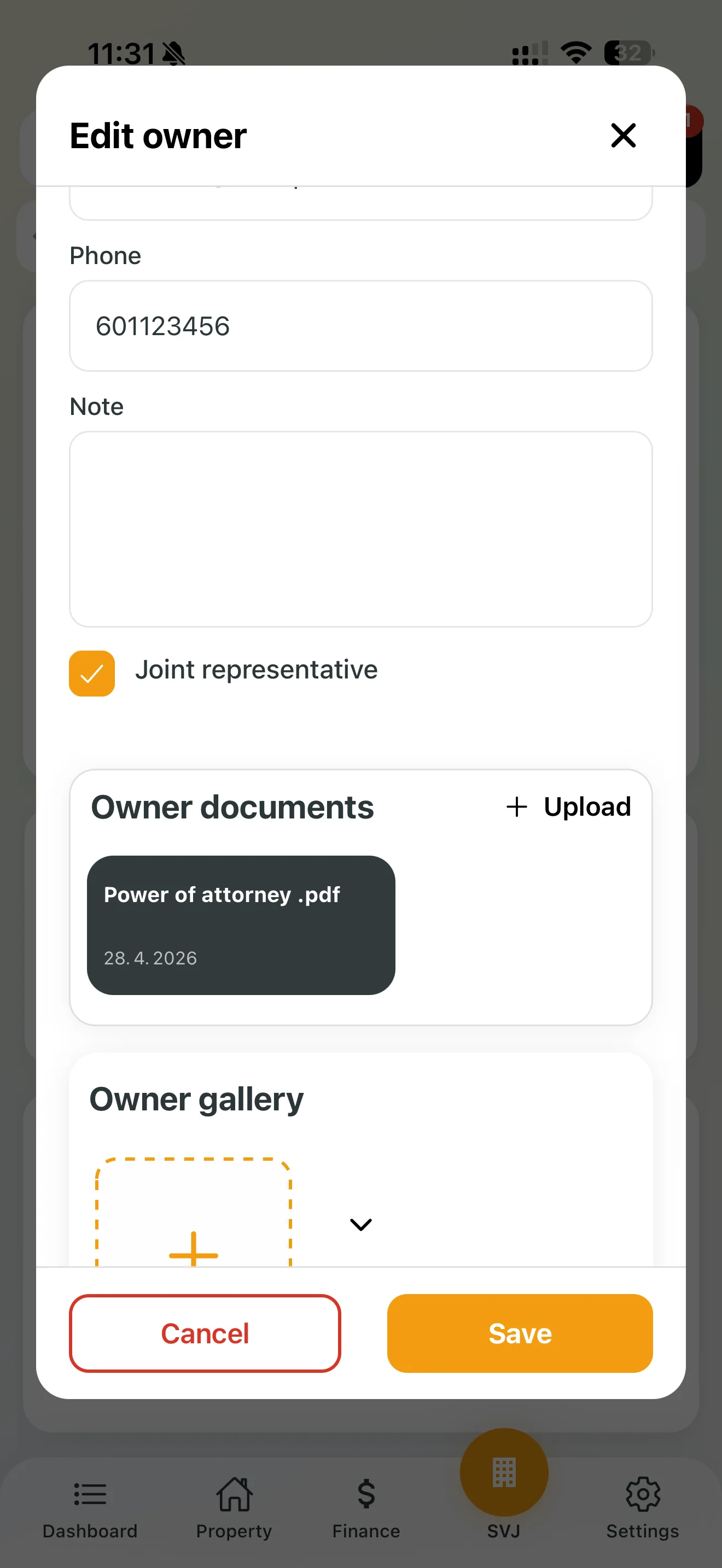 Uploaded power of attorney shown in the owner detail