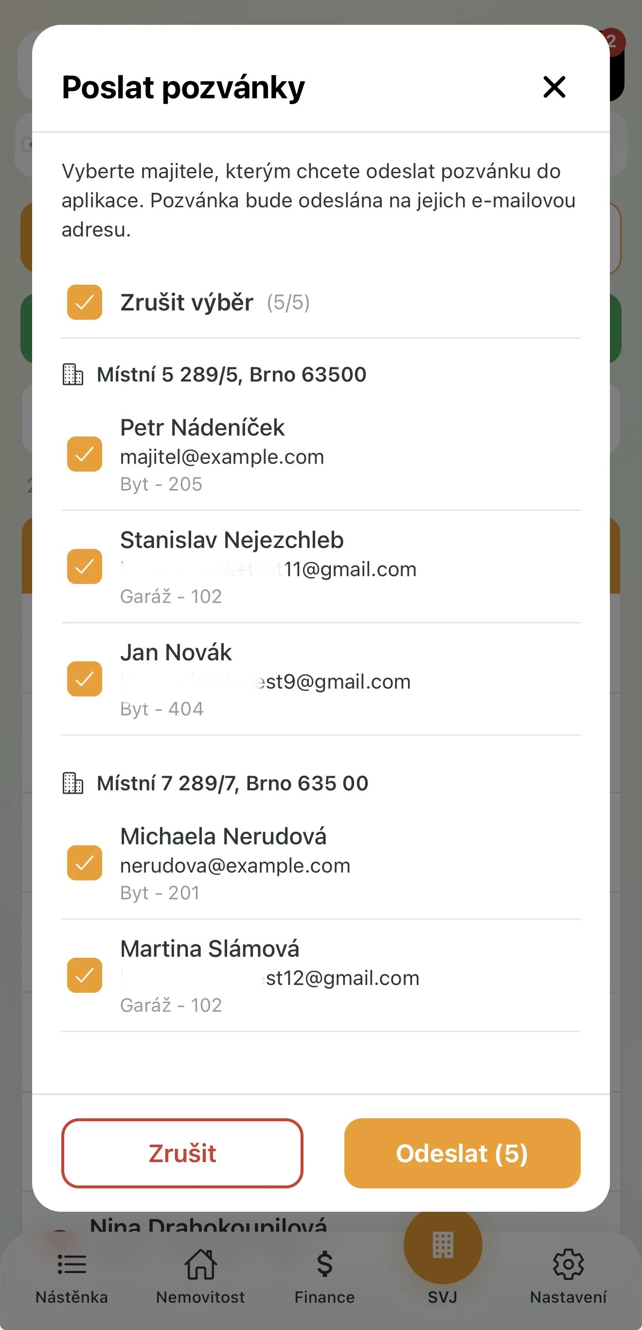 Odeslání pozvánek majitelům do aplikace
