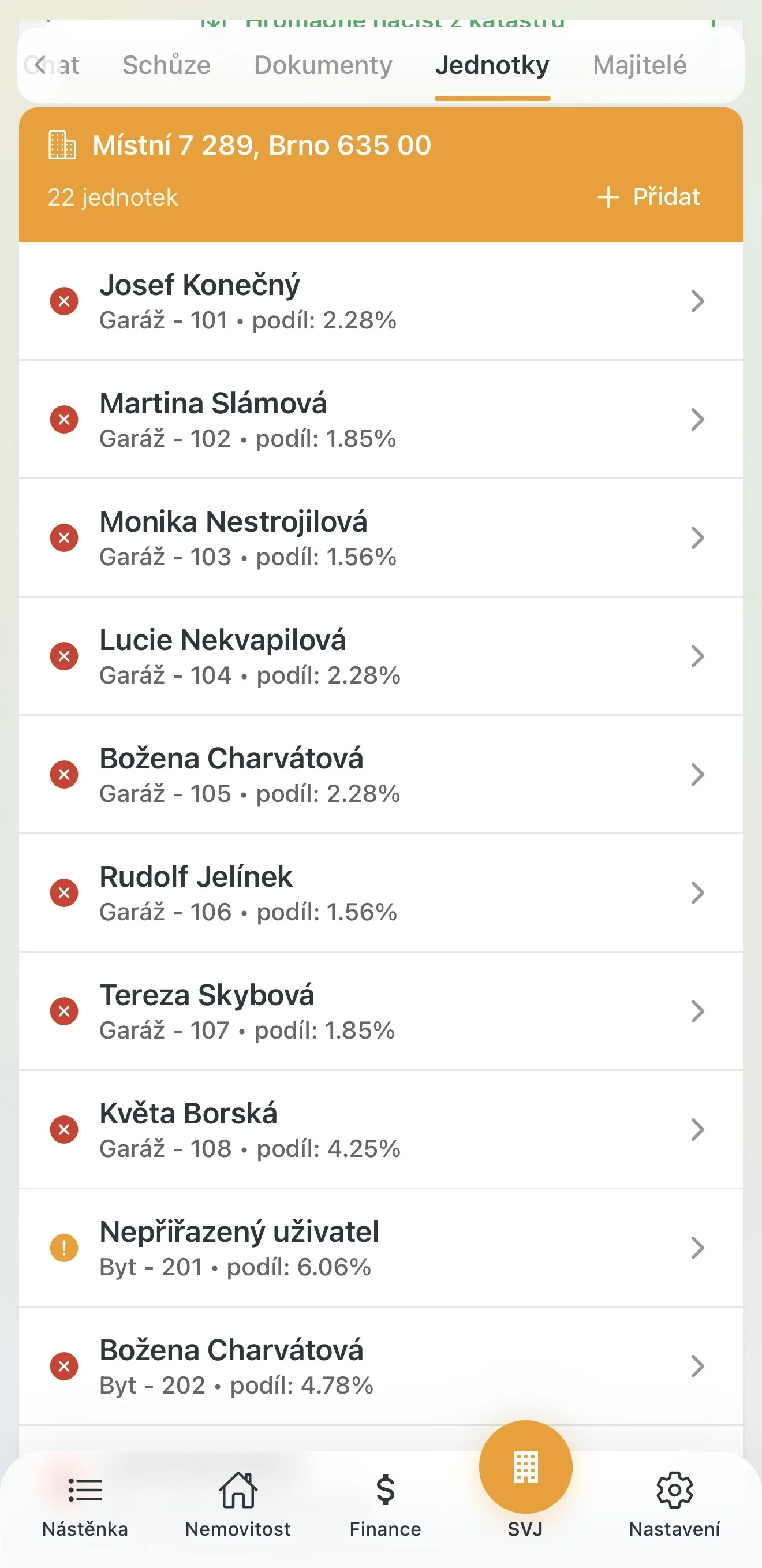 Přehled všech jednotek v domě